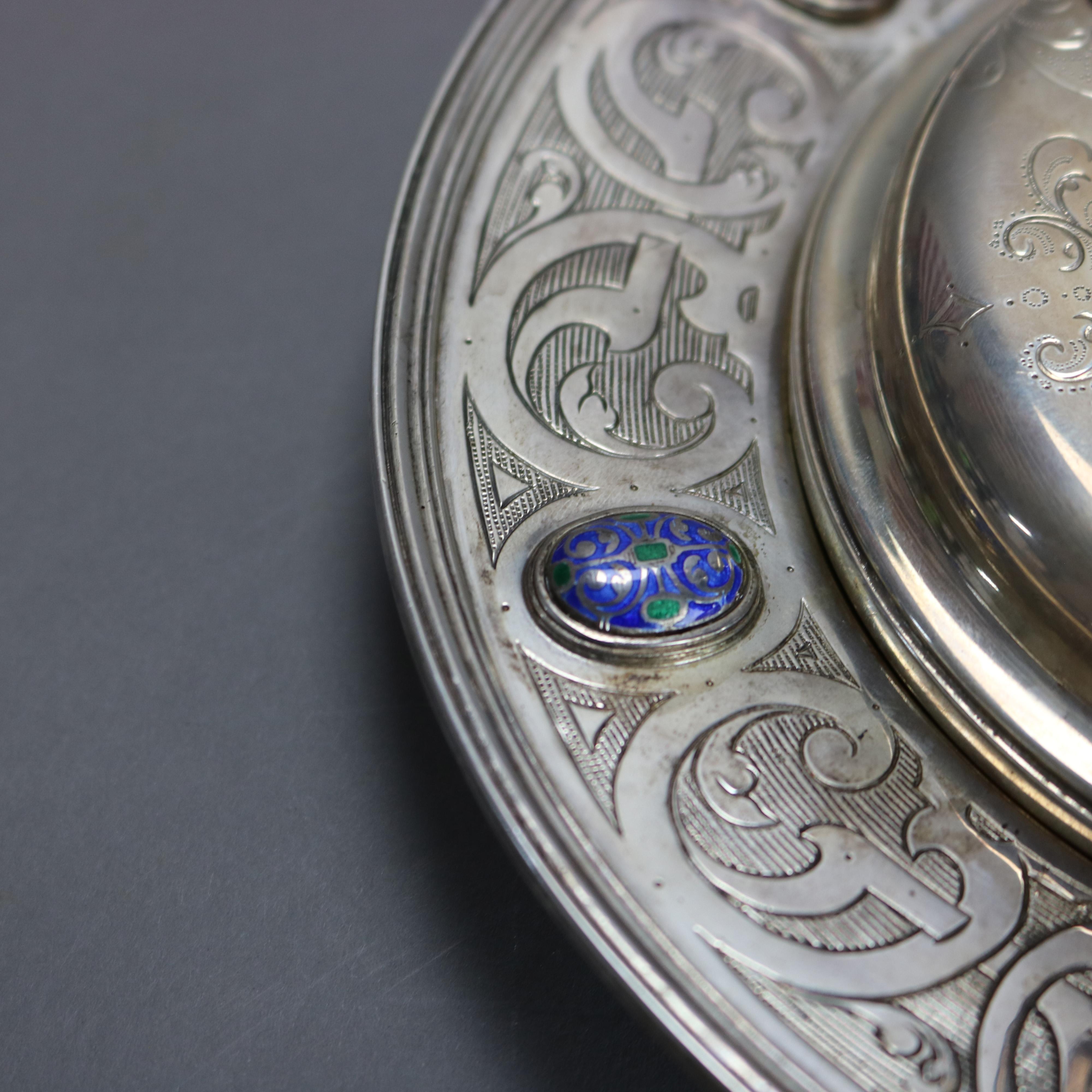 Moreno Sterling Silver Challis & Serving Plate with Enameled Jewels 20thC 1