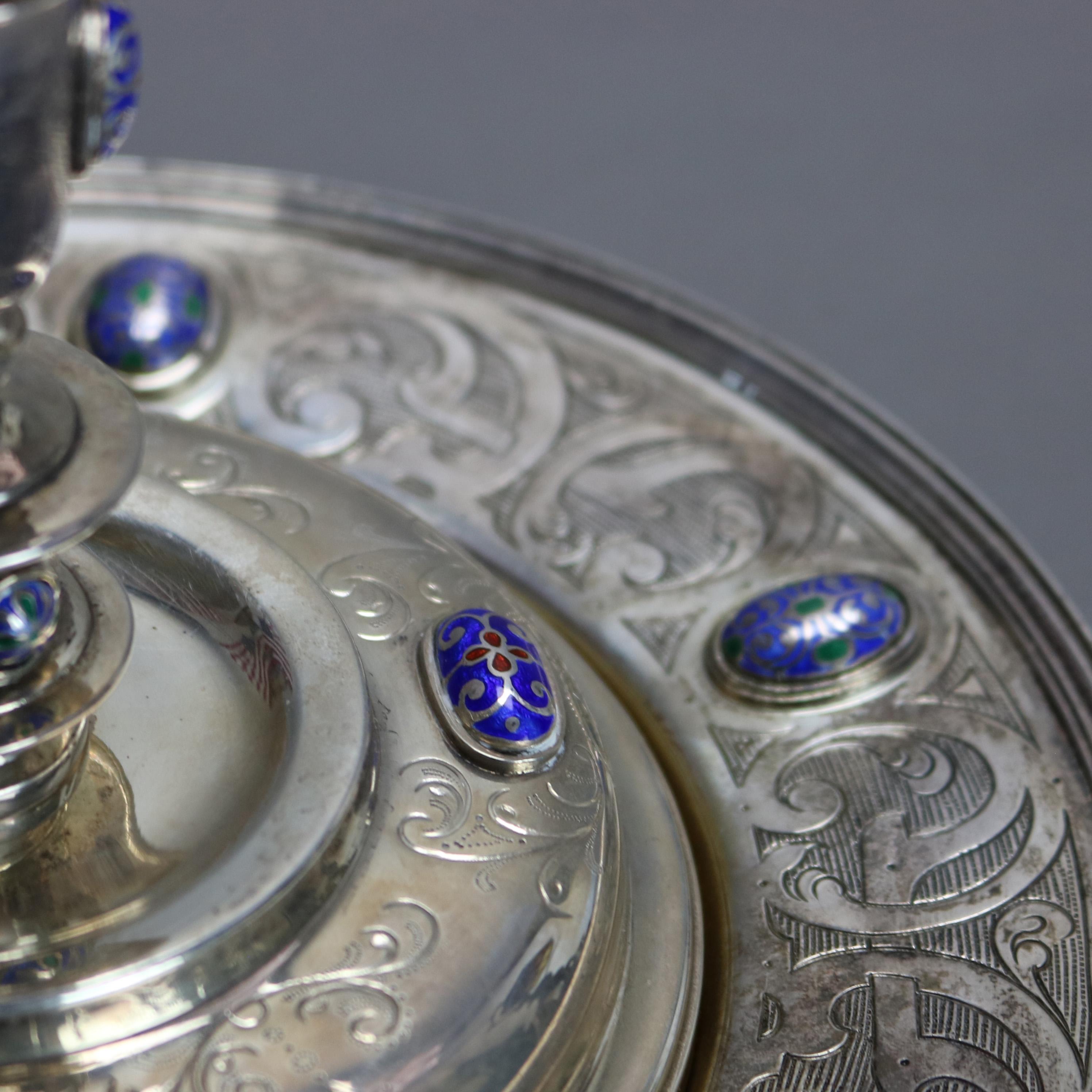 Moreno Sterling Silver Challis & Serving Plate with Enameled Jewels 20thC 3