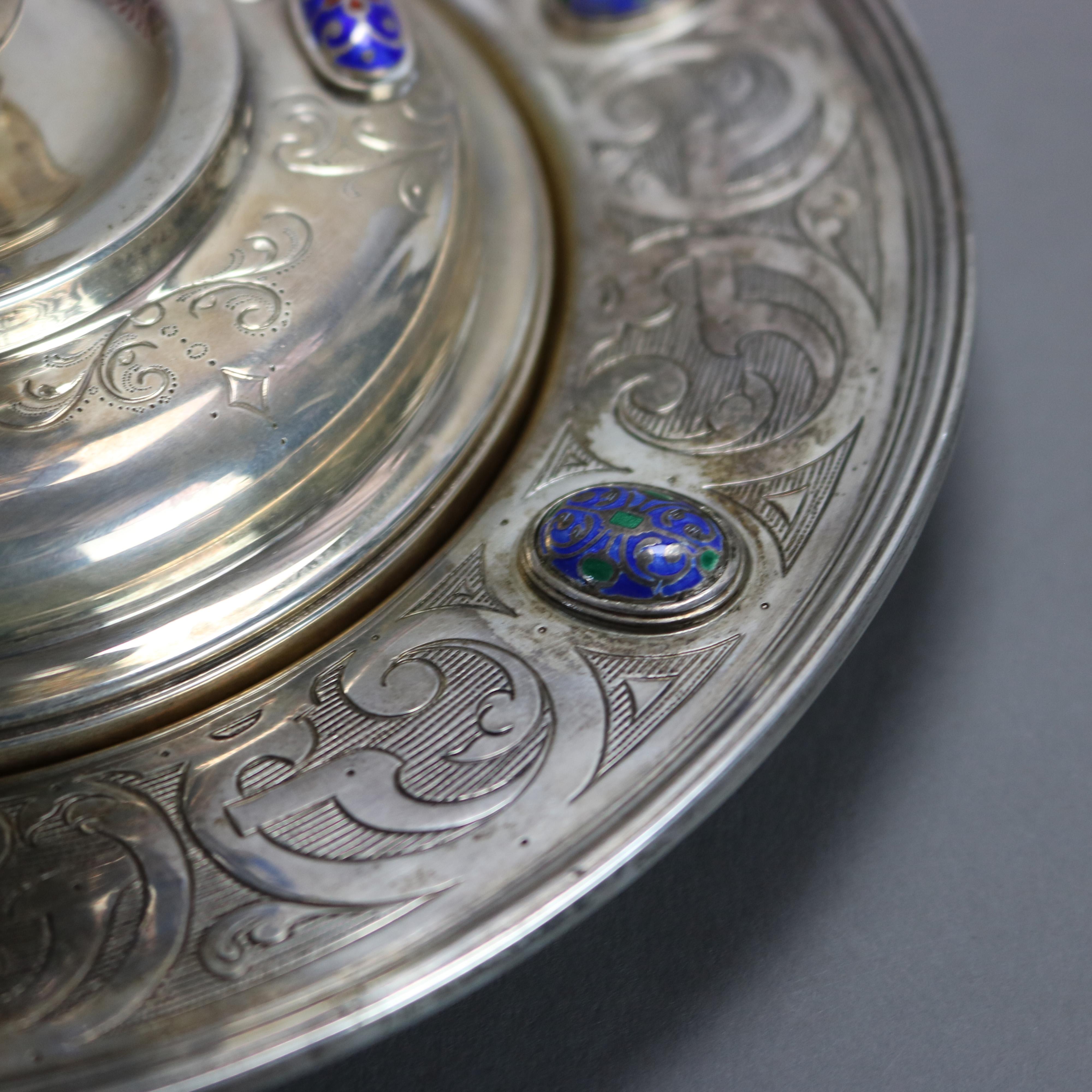 Moreno Sterling Silver Challis & Serving Plate with Enameled Jewels 20thC 4