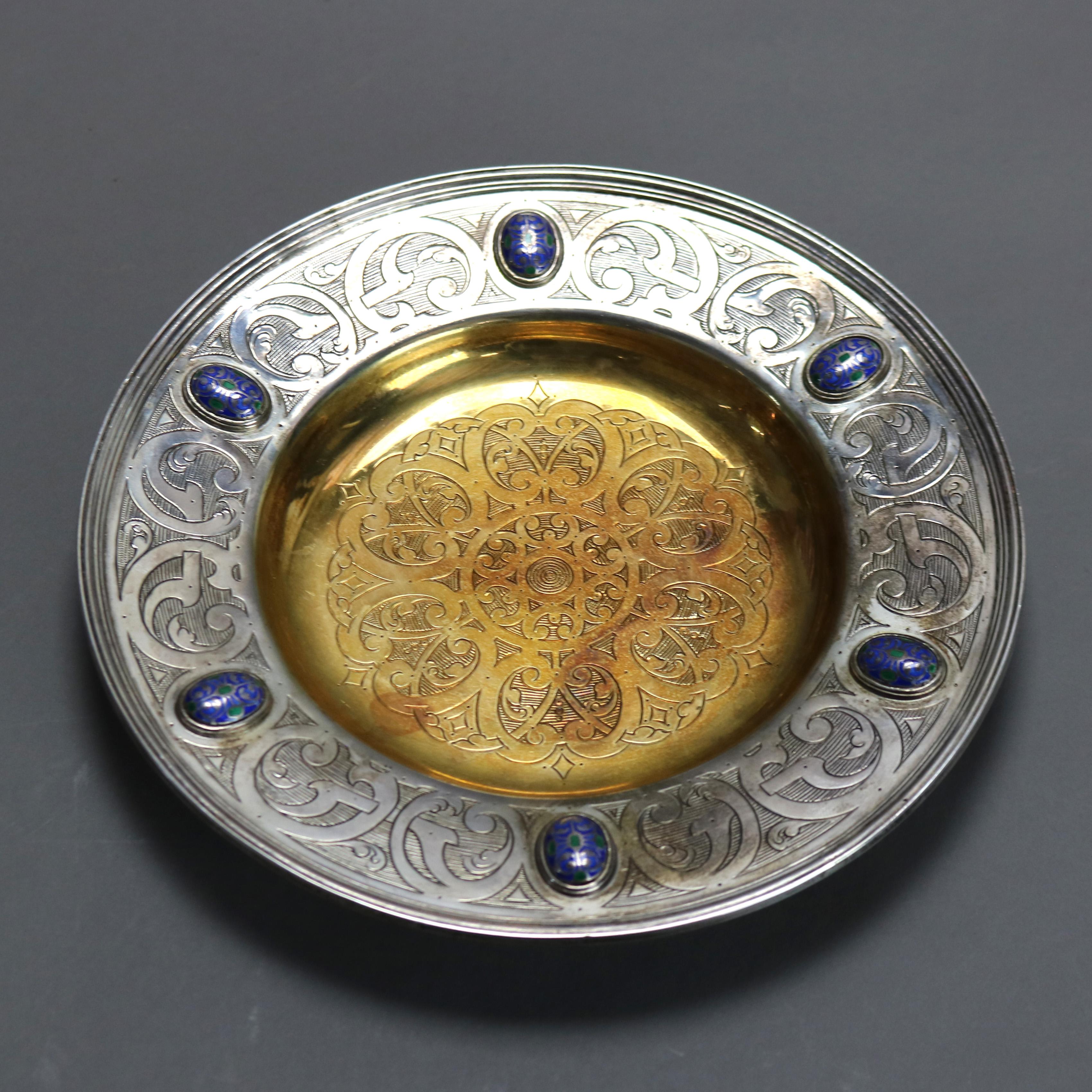 Moreno Sterling Silver Challis & Serving Plate with Enameled Jewels 20thC 5