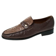 Moreschi Brown Leather And Ostrich Trim Slip On Loafers Size 41