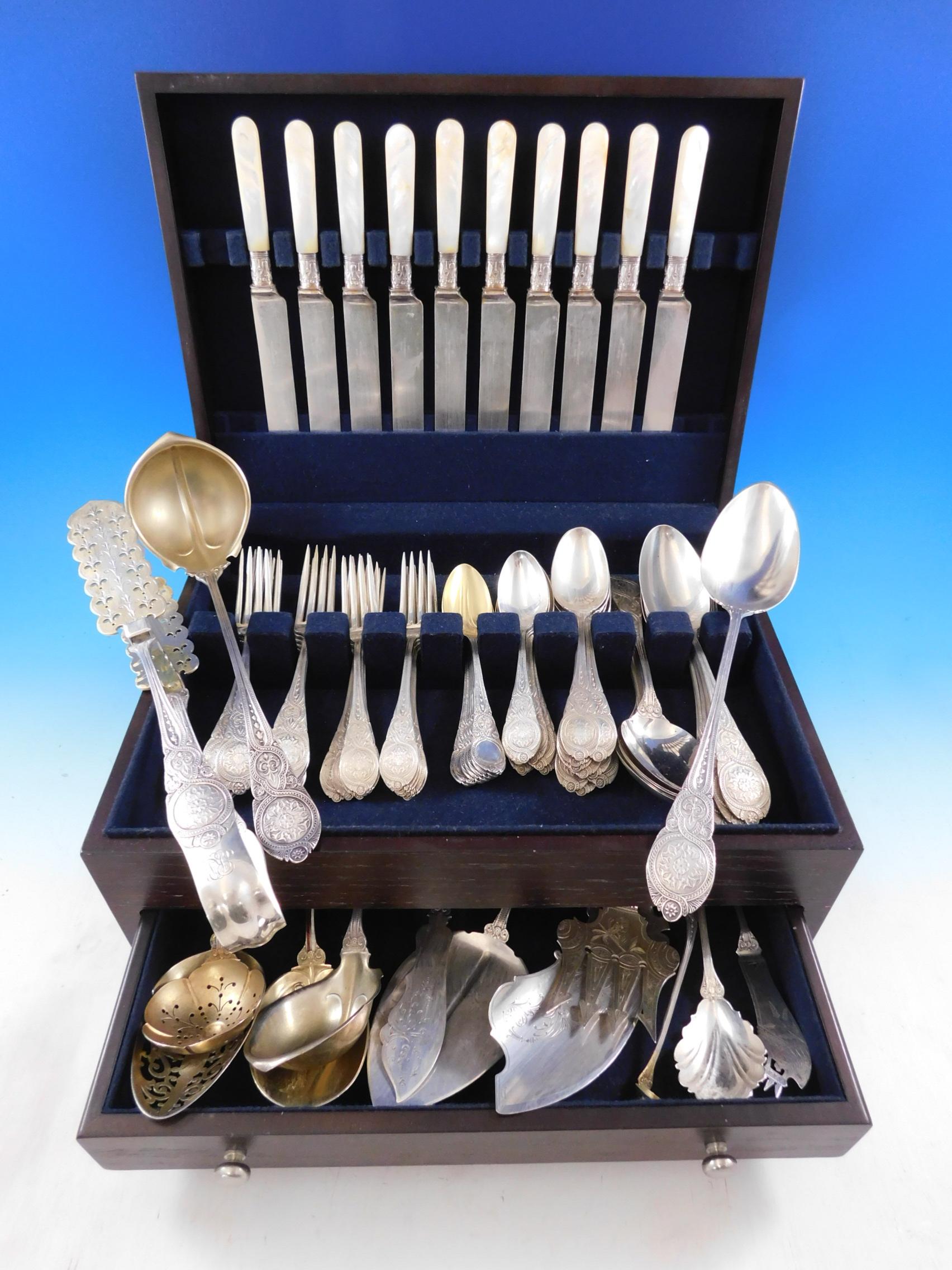Incredible Moresque by Wendt sterling silver flatware set - 92 pieces, circa 1873. This set includes:

10 dinner knives, mother of pearl handles, 9