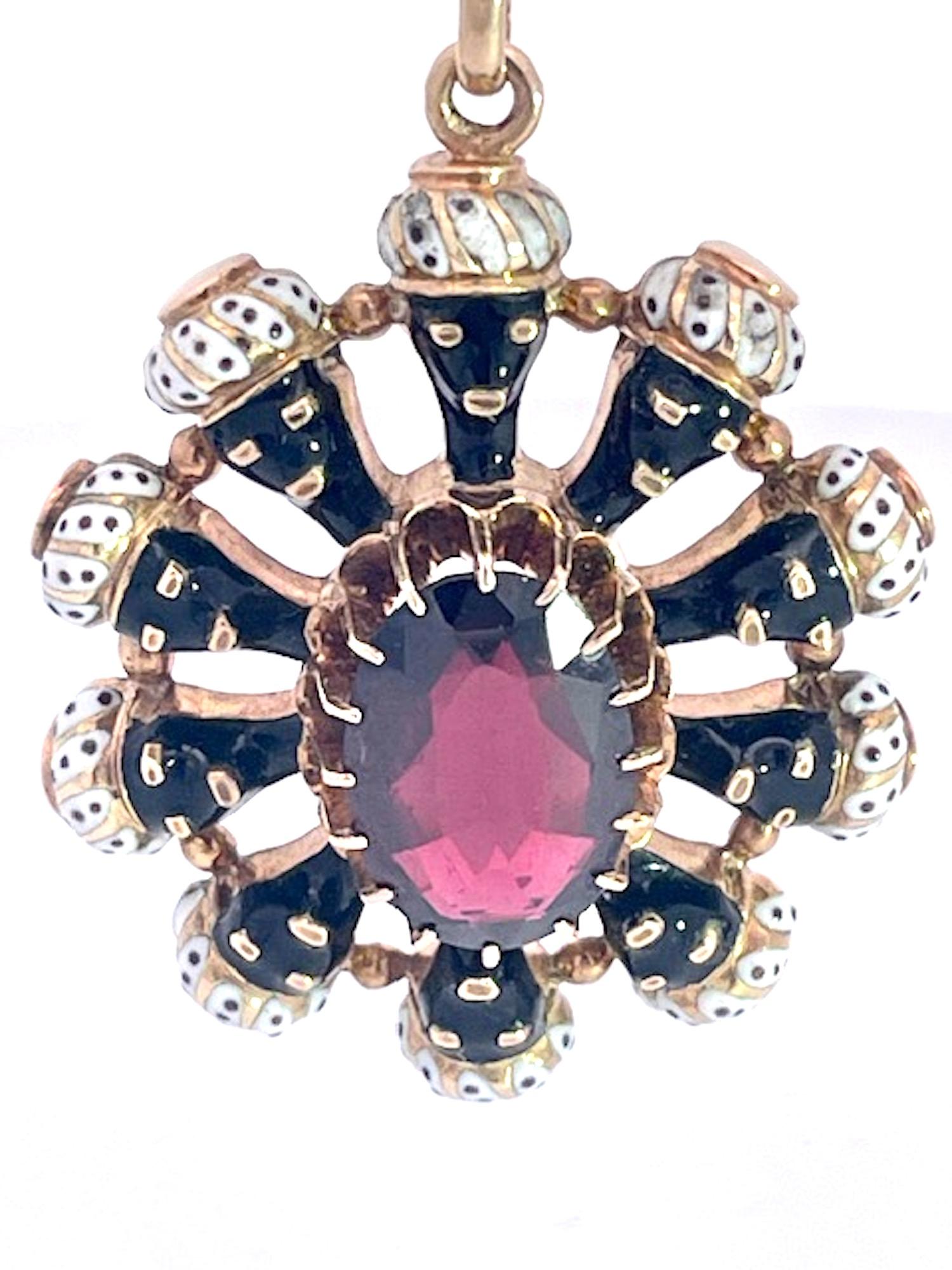 This Moretto set is amazing.  It is in perfect condition, no wear or loss of enamel whatsoever. This includes 3 pieces, a set of earrings and a large pendant on a gold bead chain. Ten enamel blackamoors surround the large  oval Garnet of approx. 4