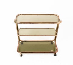 Morex Midcentury Three Levels Brass and Smoked Glass Italian Bar Cart, 1970s