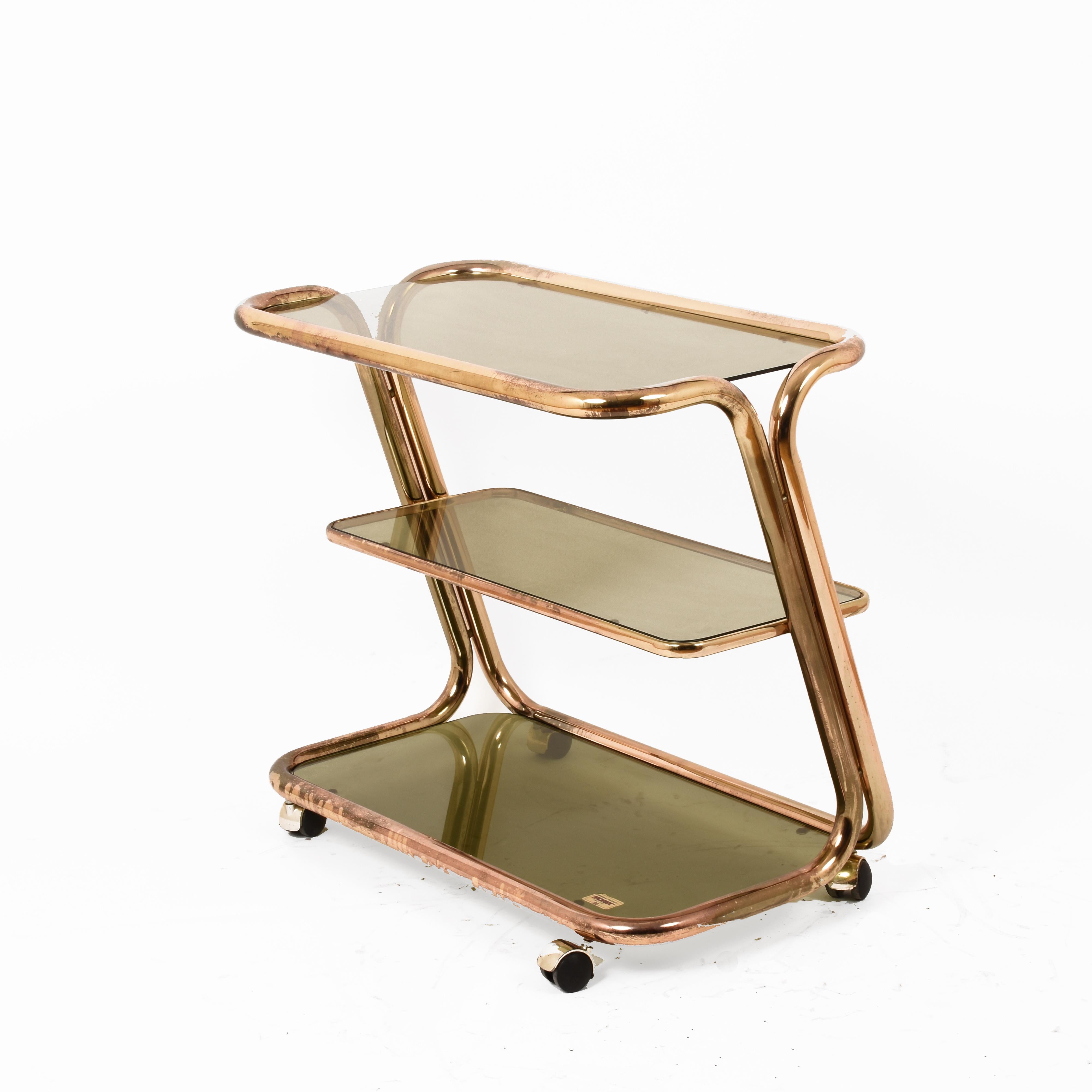 Mid-Century Modern Morex Midcentury Three Levels Brass and Smoked Glass Italian Bar Cart, 1970s For Sale