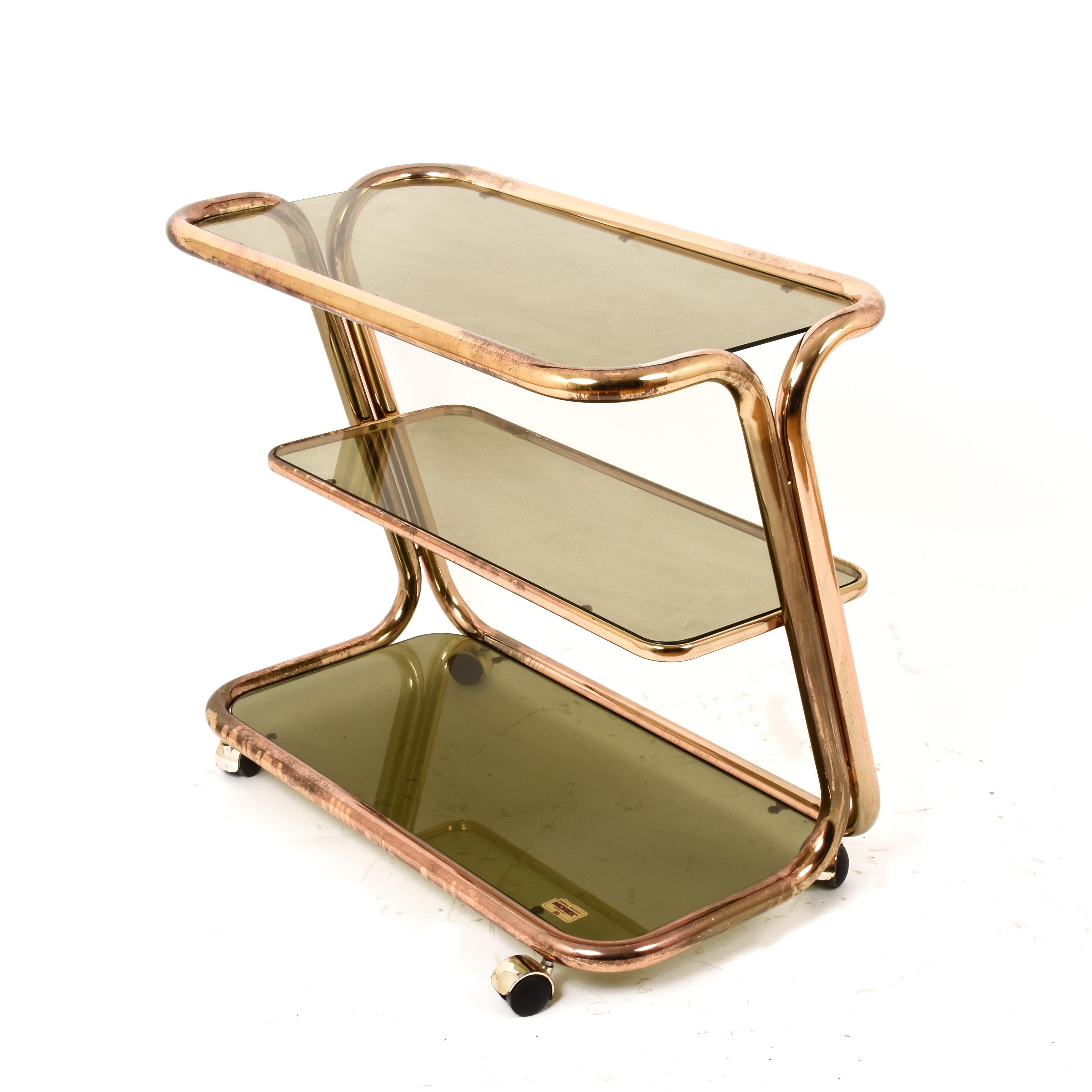 Morex Midcentury Three Levels Brass and Smoked Glass Italian Bar Cart, 1970s In Good Condition For Sale In Roma, IT