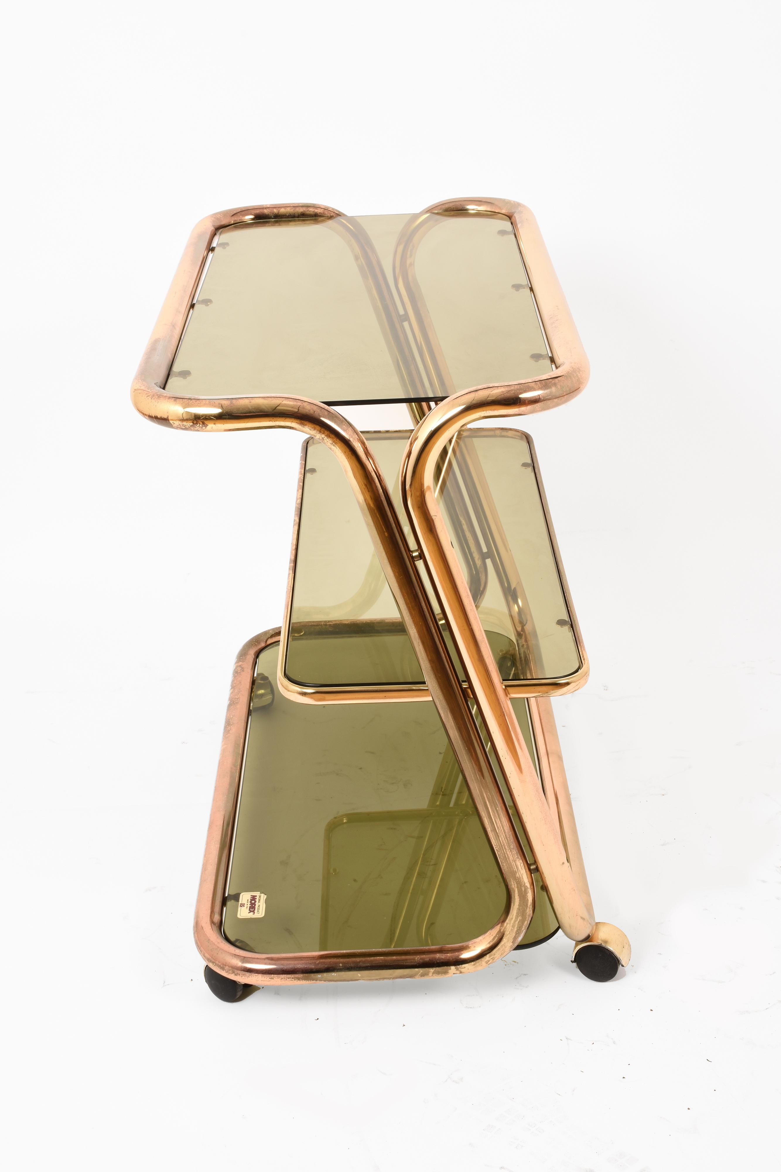 20th Century Morex Midcentury Three Levels Brass and Smoked Glass Italian Bar Cart, 1970s For Sale