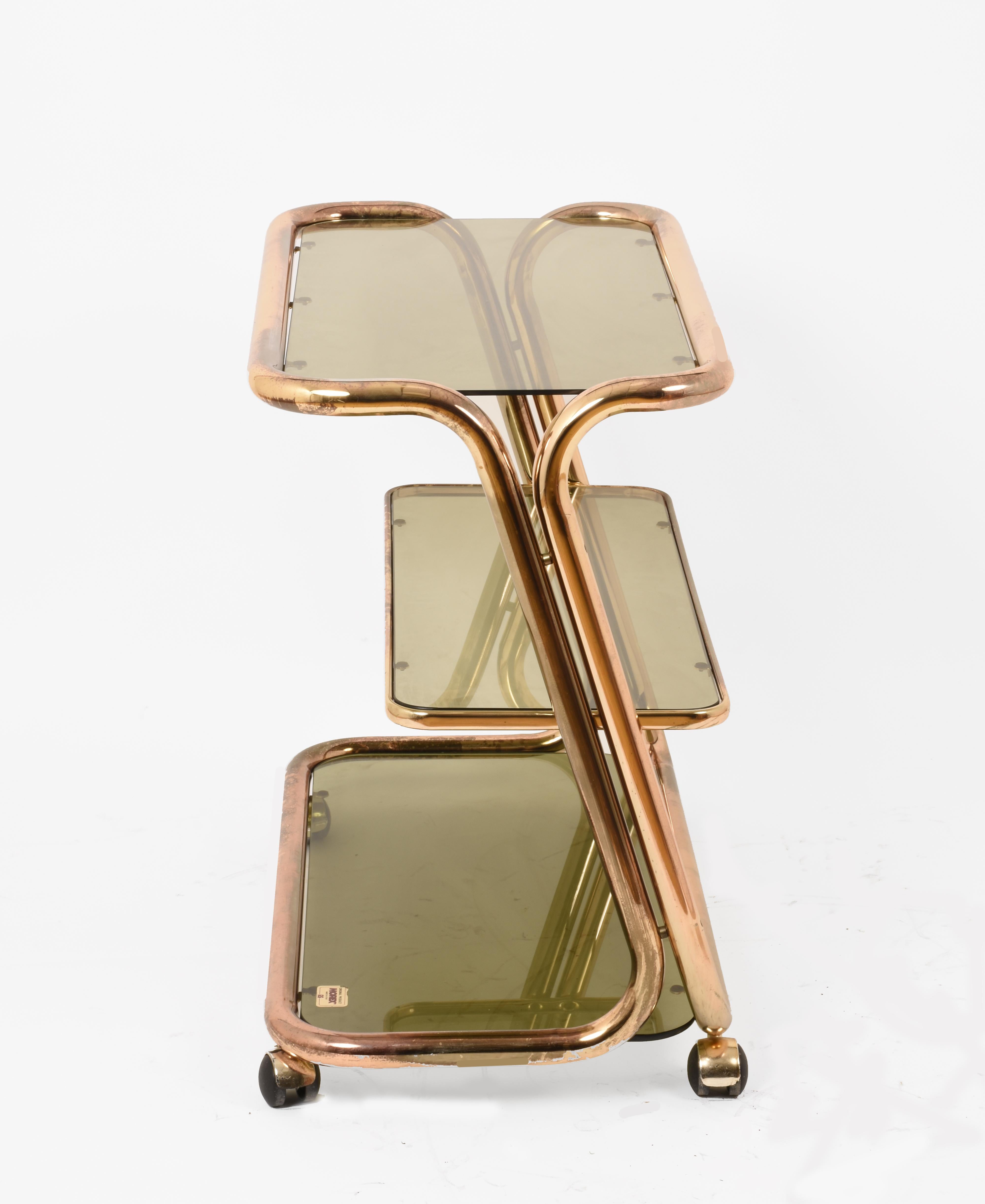 Morex Midcentury Three Levels Brass and Smoked Glass Italian Bar Cart, 1970s For Sale 1