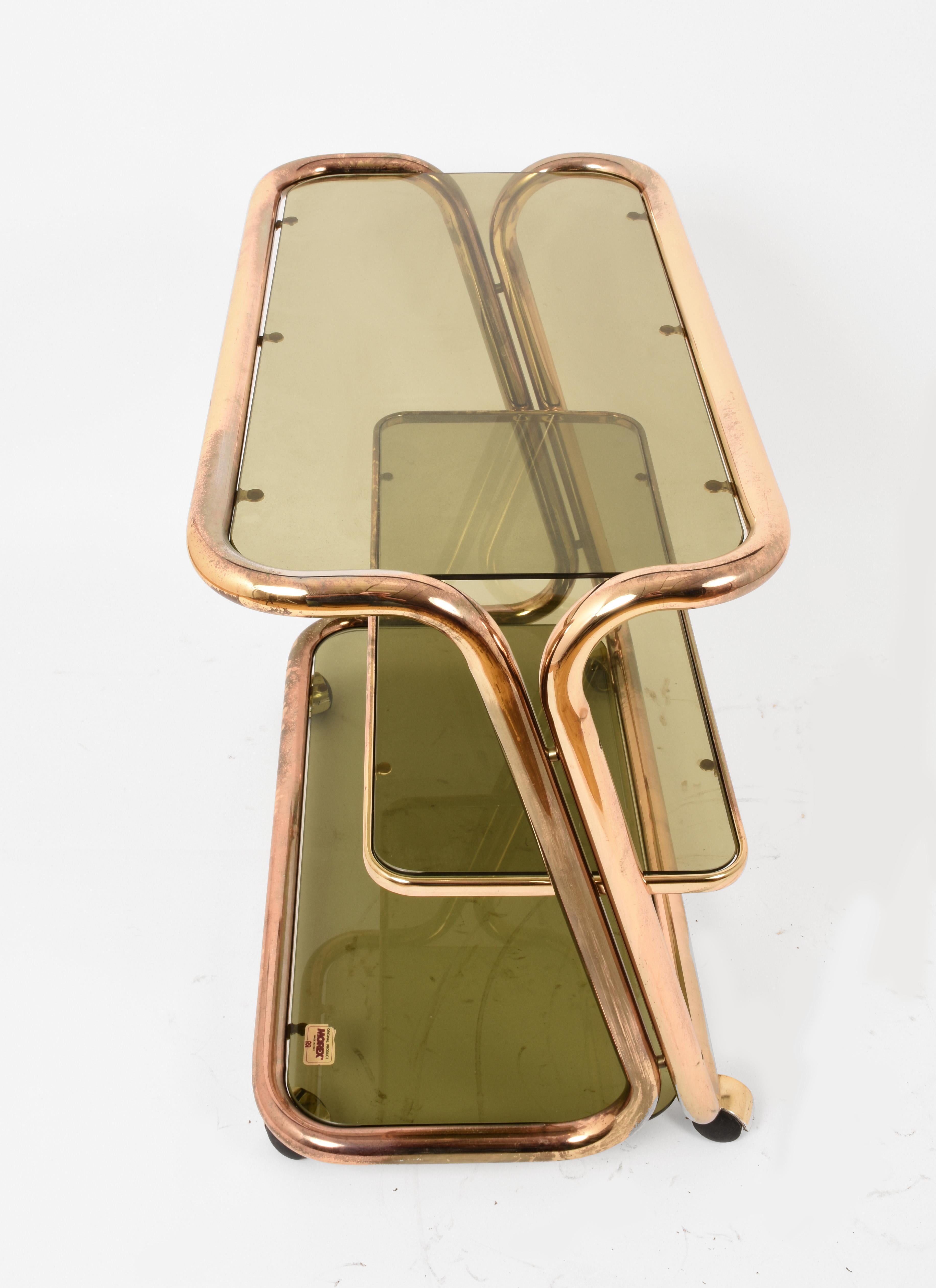 Morex Midcentury Three Levels Brass and Smoked Glass Italian Bar Cart, 1970s For Sale 2