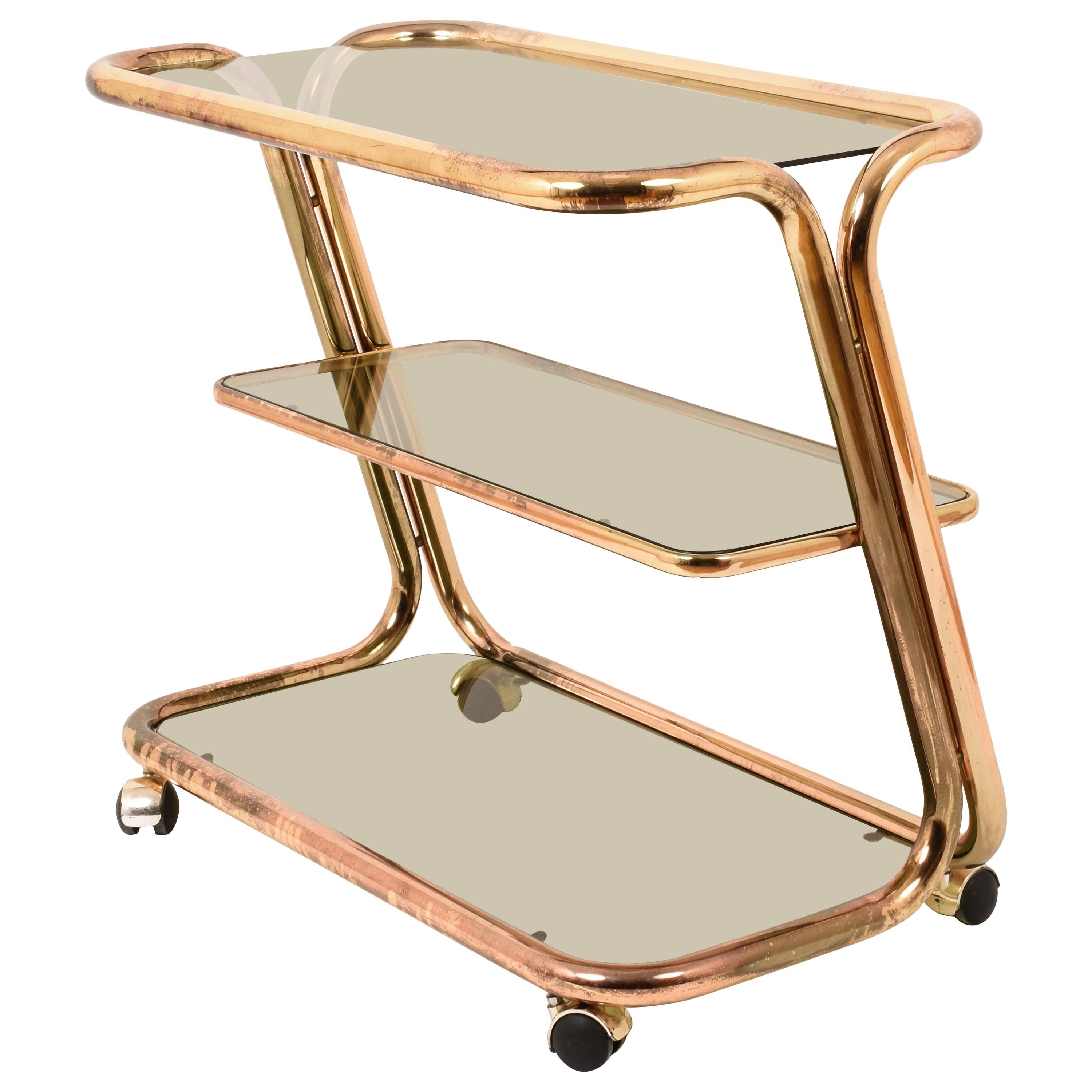 Morex Midcentury Three Levels Brass and Smoked Glass Italian Bar Cart, 1970s