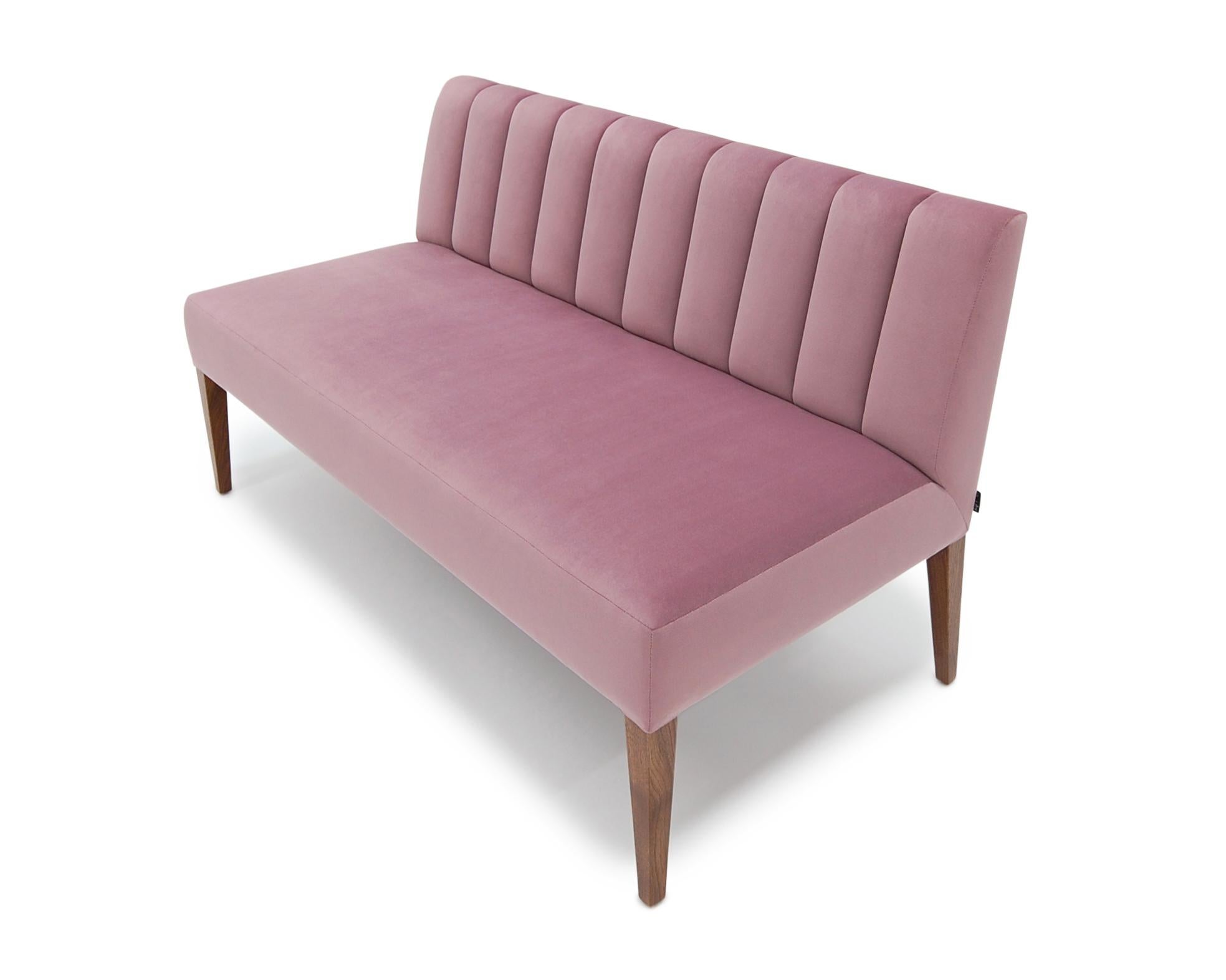 Contemporary Morgan Banquette Tight Seat & Channel Tufted Back with Walnut Tapered Legs For Sale