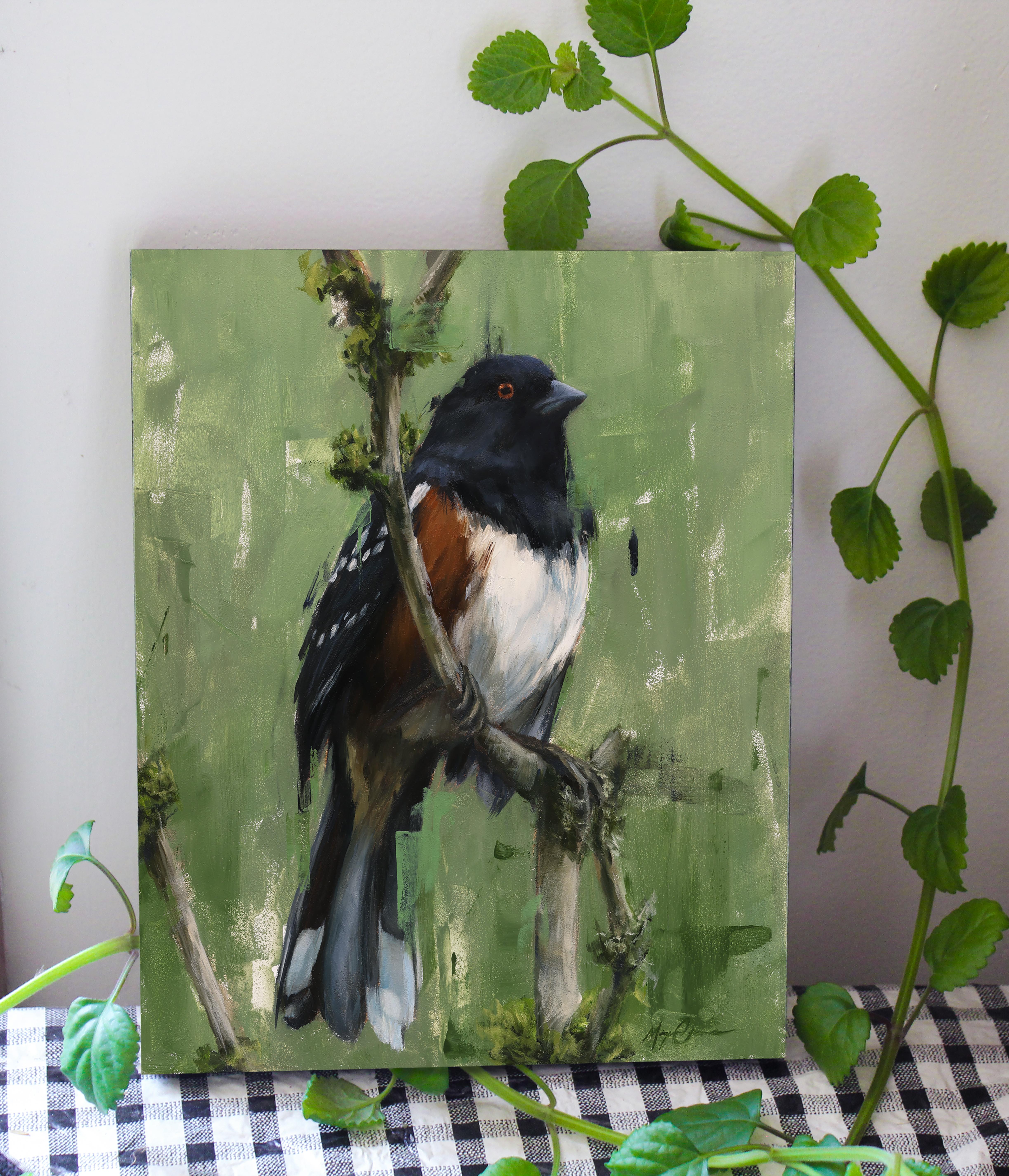 Morgan Cameron’s (US based) “Delicate Perch” is an oil painting on panel that depicts a bird (Spotted Towhee) perched on a branch.  

This painting is unframed, but ready to hang.

About the artist: 

I am an oil painter based out of Southern Maine.