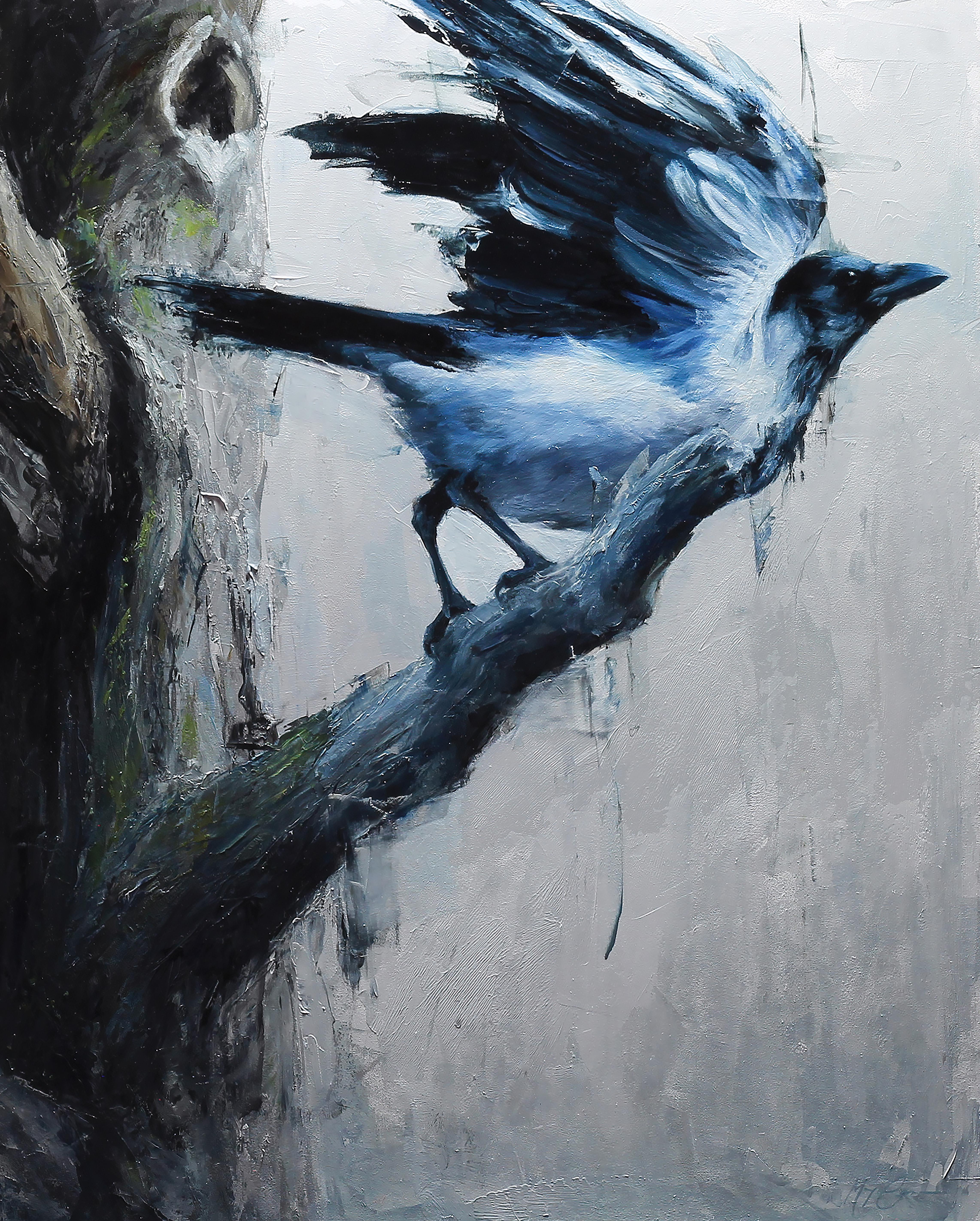 Morgan Cameron Figurative Painting - "Mist and Shadow, " Oil painting Featuring a blue bird