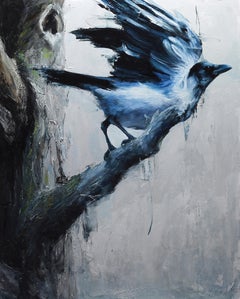 "Mist and Shadow, " Oil painting Featuring a blue bird