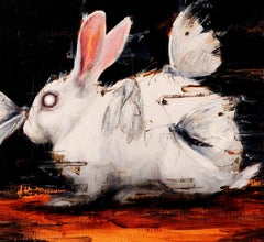 "Moth's Delight, " Oil painting Featuring a white bunny and a moth