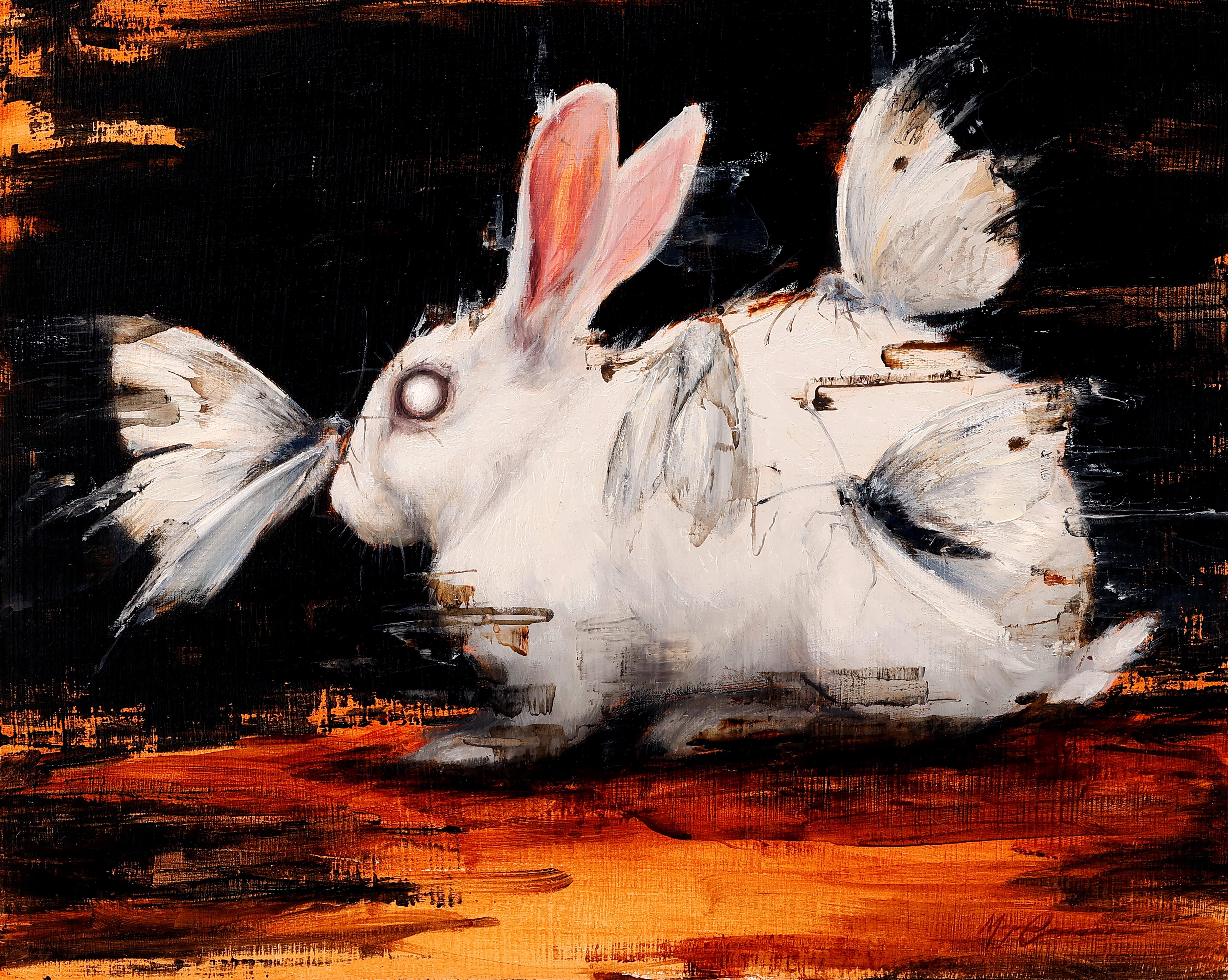 Morgan Cameron Animal Painting - "Moth's Delight, " Oil painting Featuring a white bunny and a moth