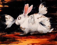 "Moth's Delight, " Oil painting Featuring a white bunny and a moth