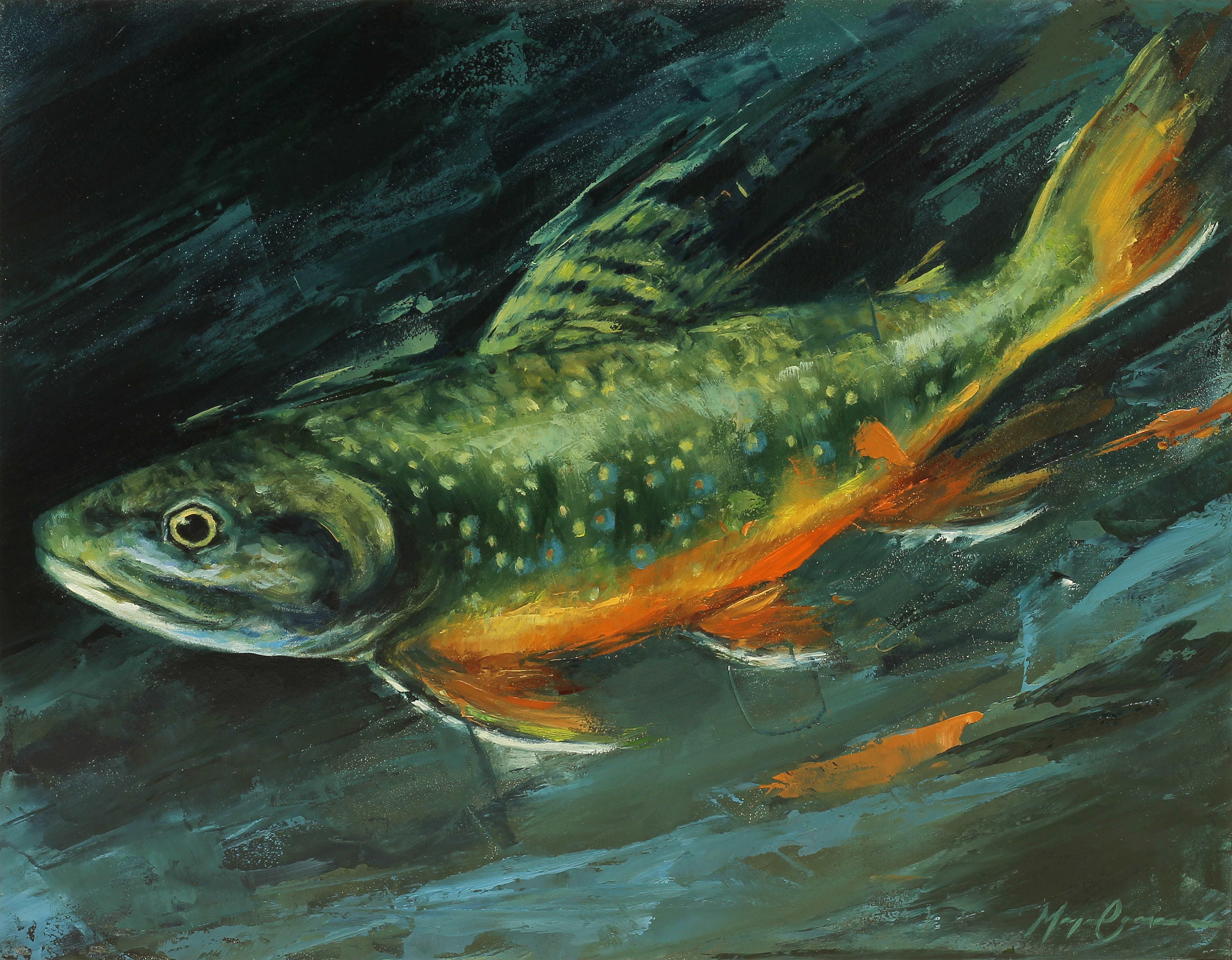 Morgan Cameron Figurative Painting - "Rainbow Trout, " Oil painting Featuring a rainbow trout