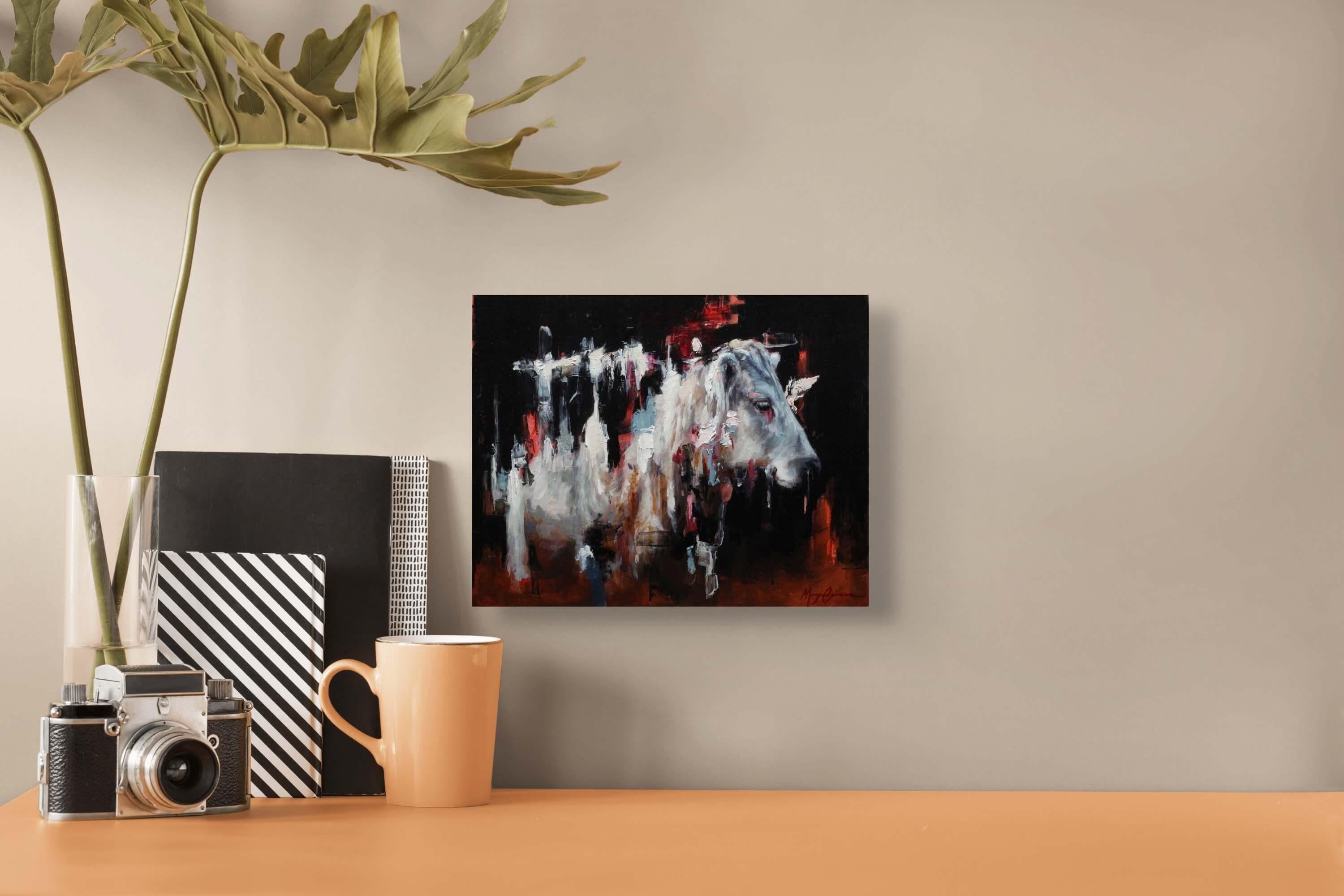 Morgan Cameron’s (US based) “You're a Daisy if You Do” (2025) is a beautiful original abstracted impressionist portrait of a white horse, fading to red and white patterns in a deep black background.

About the artist: 

I am an oil painter based out