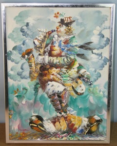 Surreal Fantasy Sax Player Painting, Signed, 16.5x12.5\"