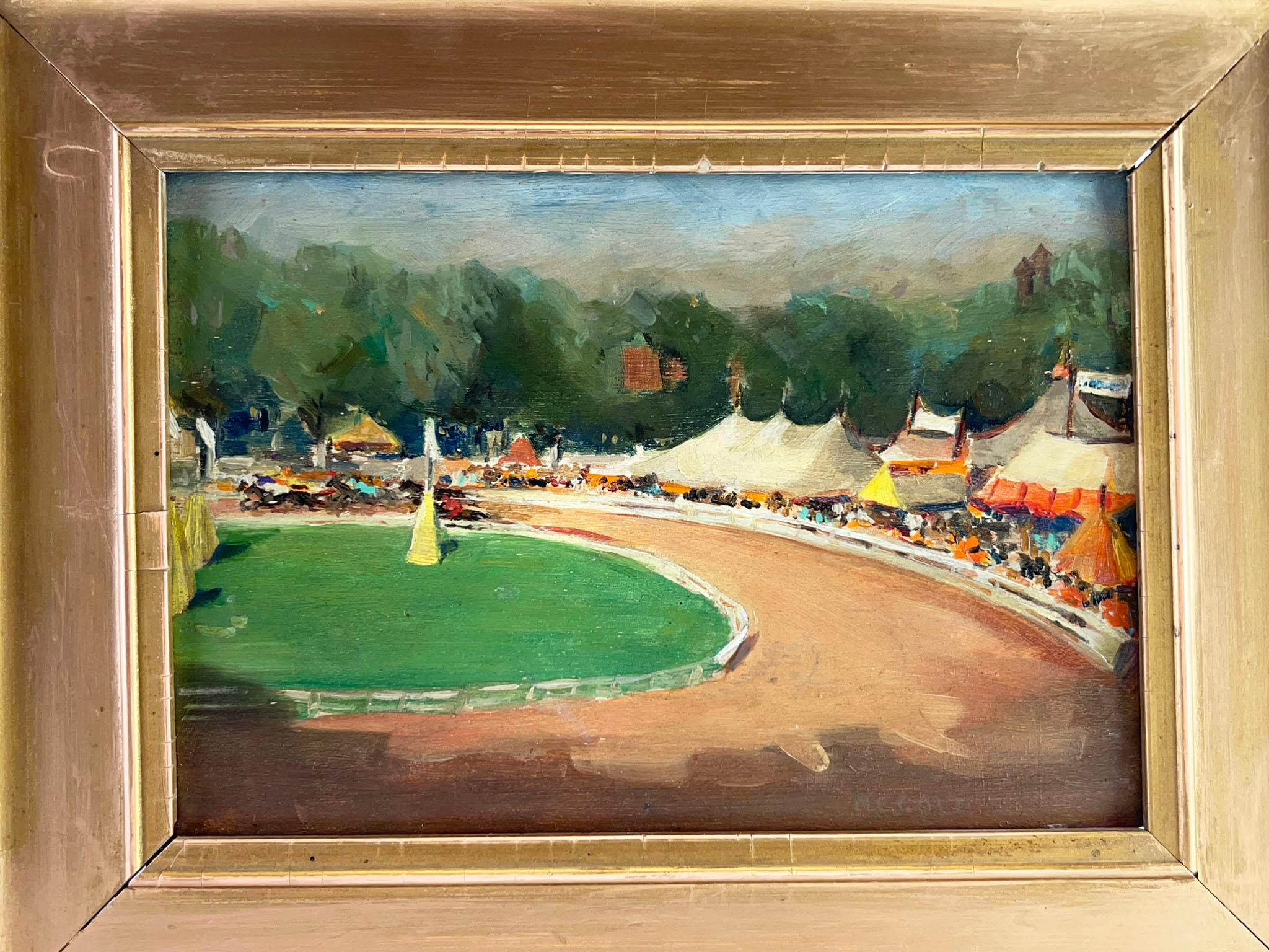 An impressionist painting of a horse race by a founding member of the New Hope Group of painters, Morgan Colt. Colt was a member of the gun making family and was also known as a metalworker in the arts and crafts style of the early 20th century. He