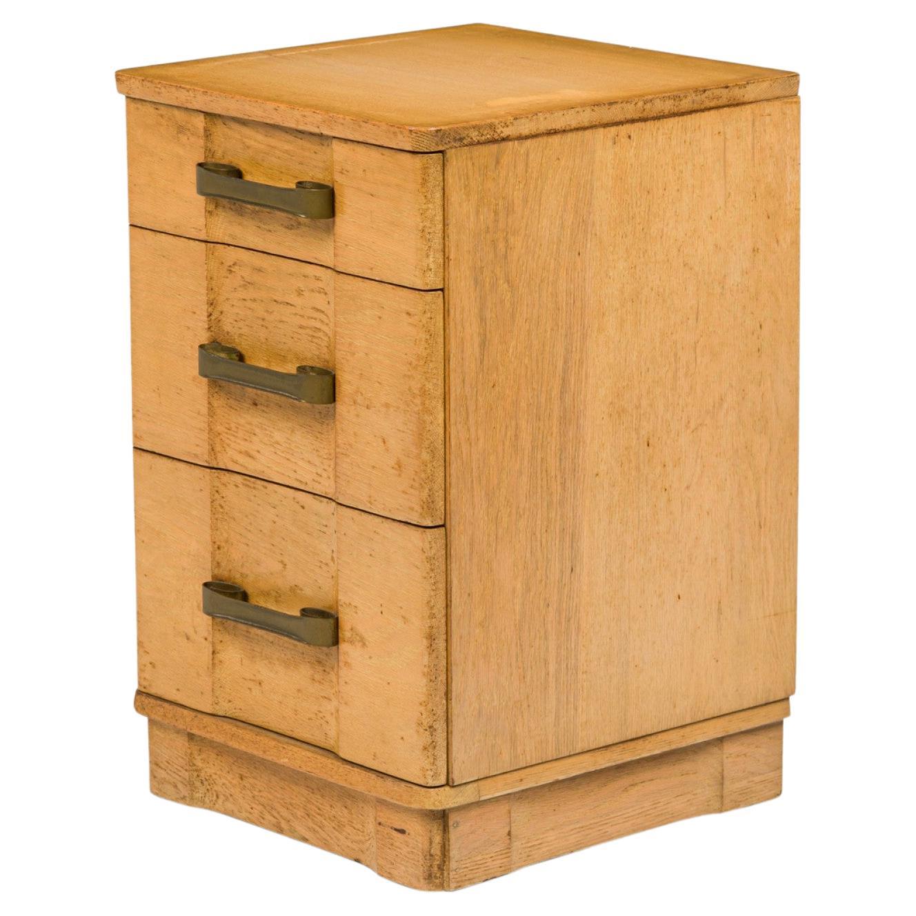 Morgan Furniture Light Wooden Three Drawer Brass Scroll Handled Bedside Table For Sale