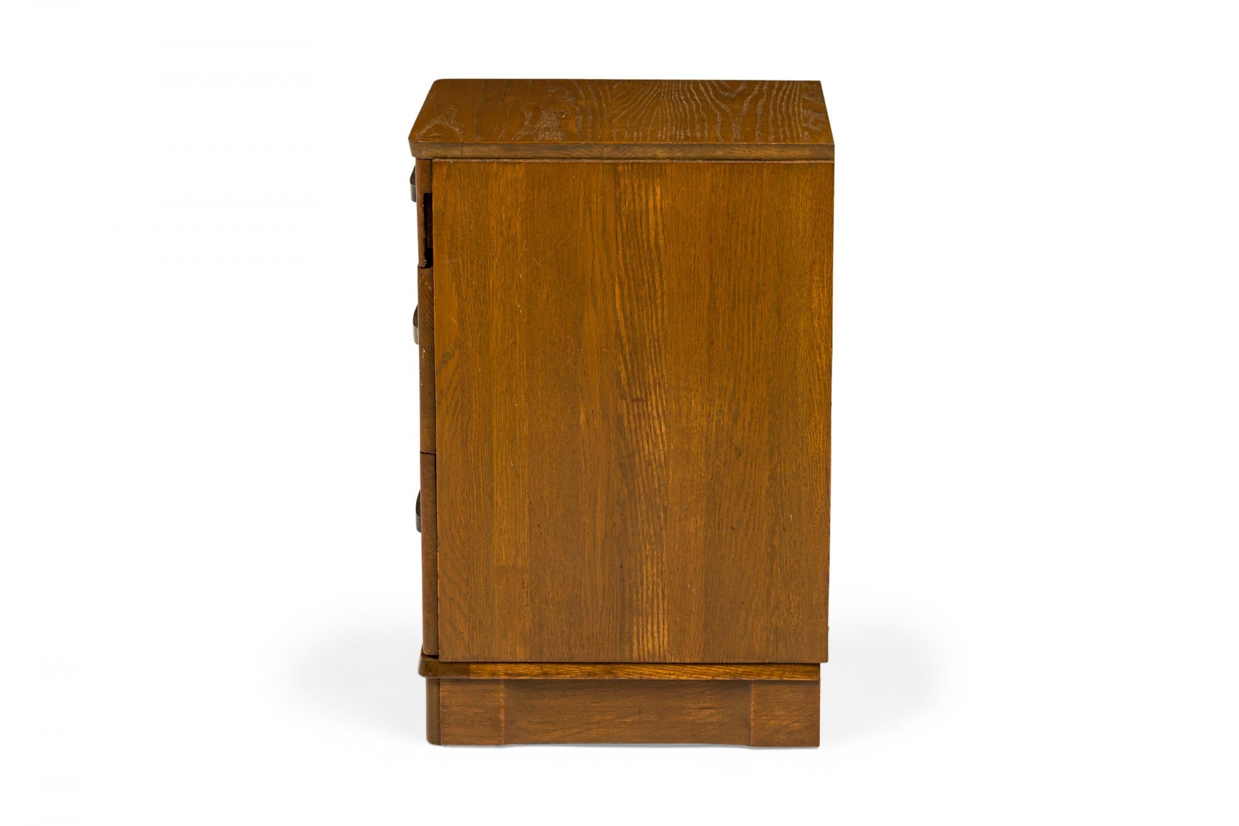 Mid-Century Modern Morgan Furniture Wooden Three Drawer Brass Scroll Handled Bedside Table For Sale