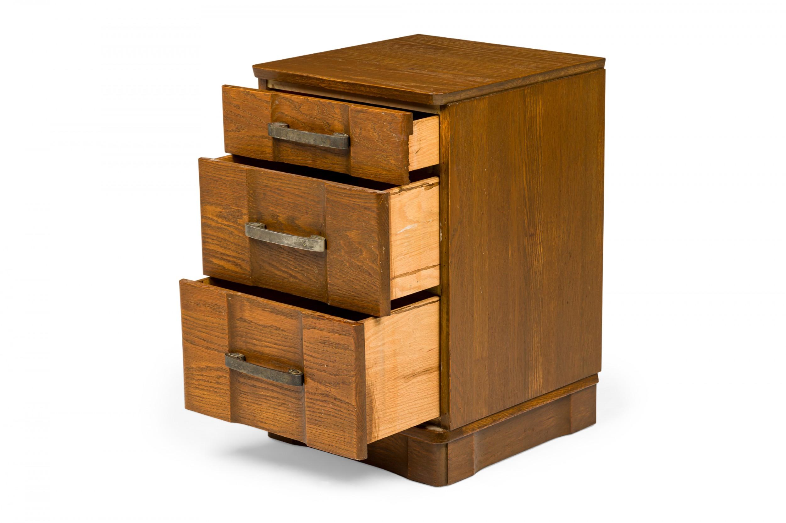20th Century Morgan Furniture Wooden Three Drawer Brass Scroll Handled Bedside Table For Sale