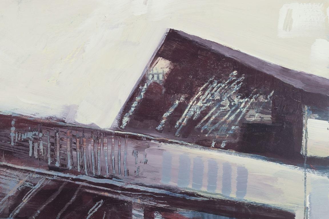 Moderne Morgan Johansson, artiste suédois répertorié. Huile sur planche. Toits des bâtiments en vente