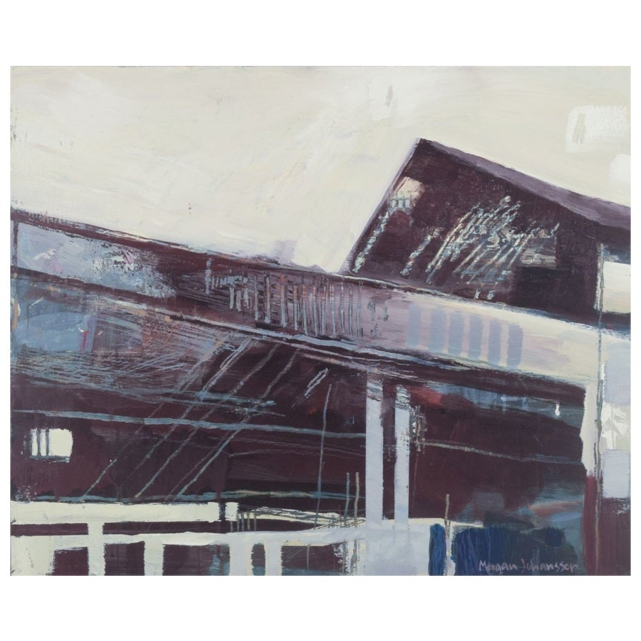 Morgan Johansson, artiste suédois répertorié. Huile sur planche. Toits des bâtiments en vente