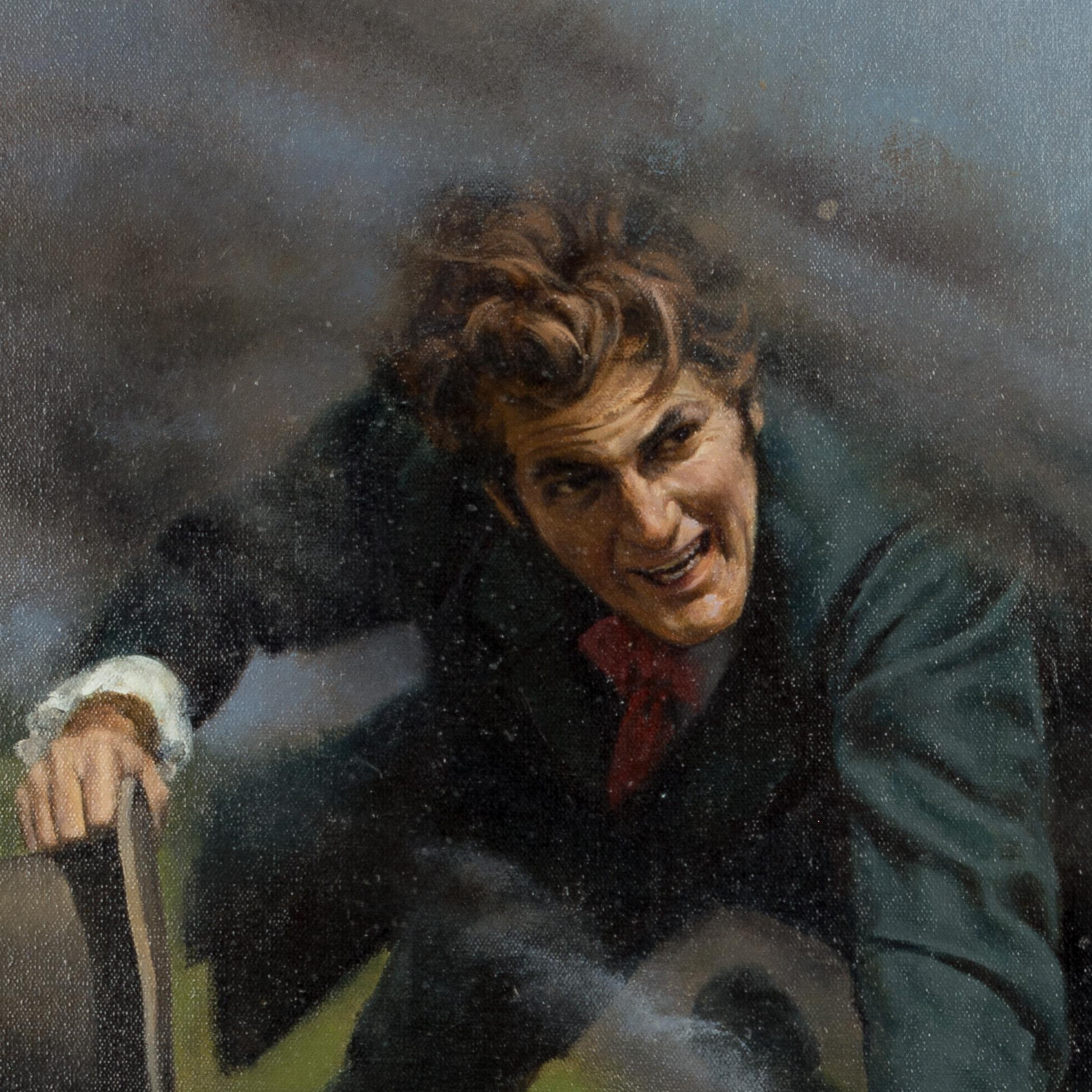 An original oil on canvas by Morgan Kane depicting a man atop a speeding train. This was likely a preliminary sketch for a movie poster or book cover with space left at the top for copy to be added later. Kane was a commercial artist and illustrated