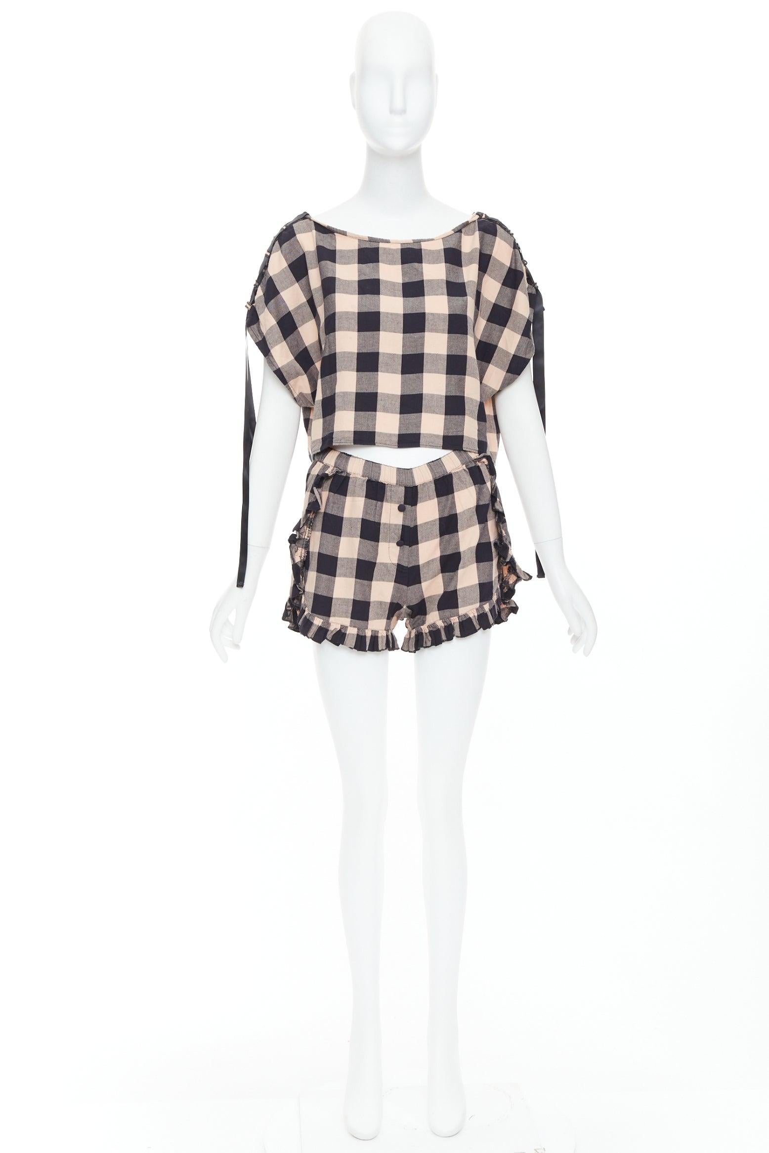 MORGAN LANE peach black cotton ribbon trim checkered top short set P en vente 6