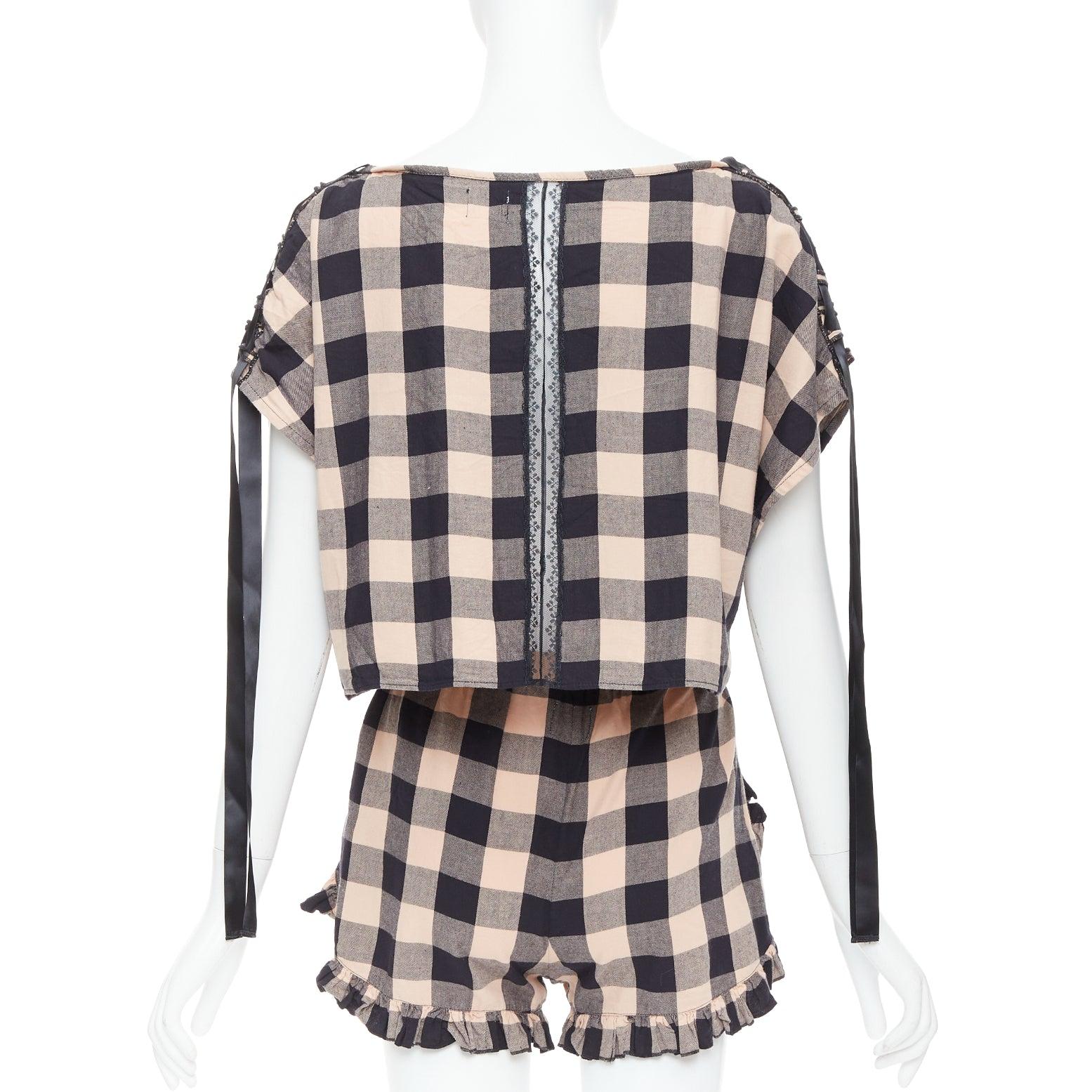 MORGAN LANE peach black cotton ribbon trim checkered top short set P Excellent état - En vente à Hong Kong, NT