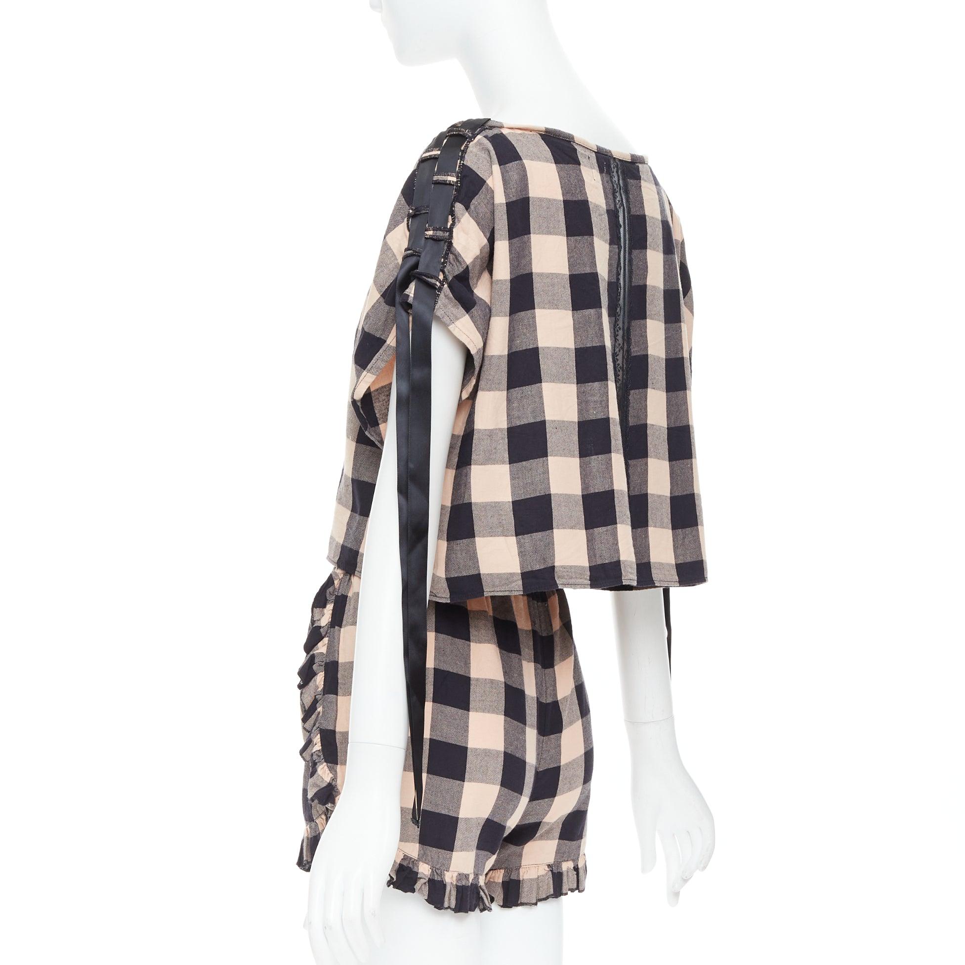 MORGAN LANE peach black cotton ribbon trim checkered top short set P Pour femmes en vente