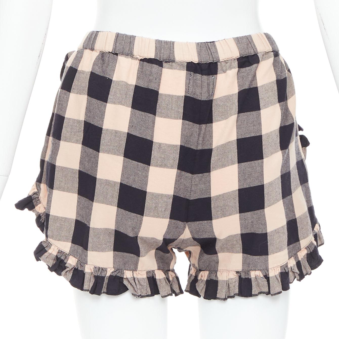 MORGAN LANE peach black cotton ribbon trim checkered top short set P en vente 2