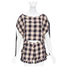 MORGAN LANE peach black cotton ribbon trim checkered top short set P