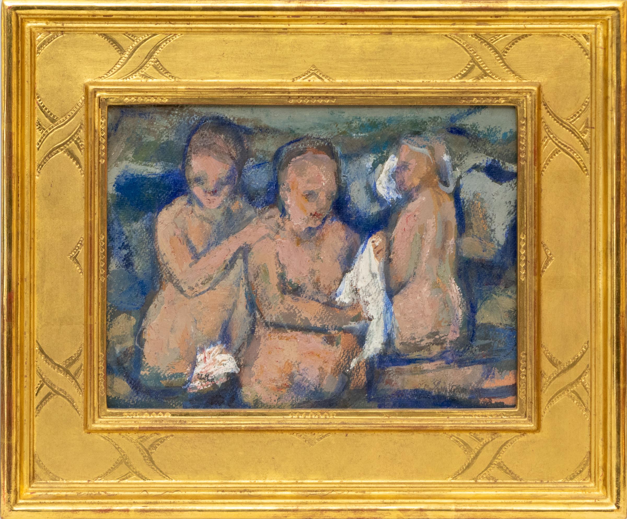 Pittura a olio impressionista degli anni '40 - Tre figure femminili che fanno il bagno, arte originale - Painting di Morgan Wagner