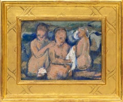 1940s Impressionist Oil Painting – Three Bathing Female Figures, Original Art