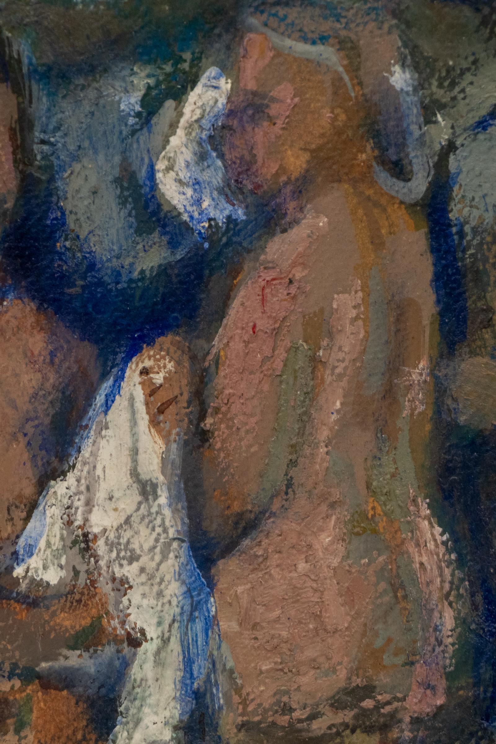 Pittura a olio impressionista degli anni '40 - Tre figure femminili che fanno il bagno, arte originale - Portrait Painting Grigio di Morgan Wagner