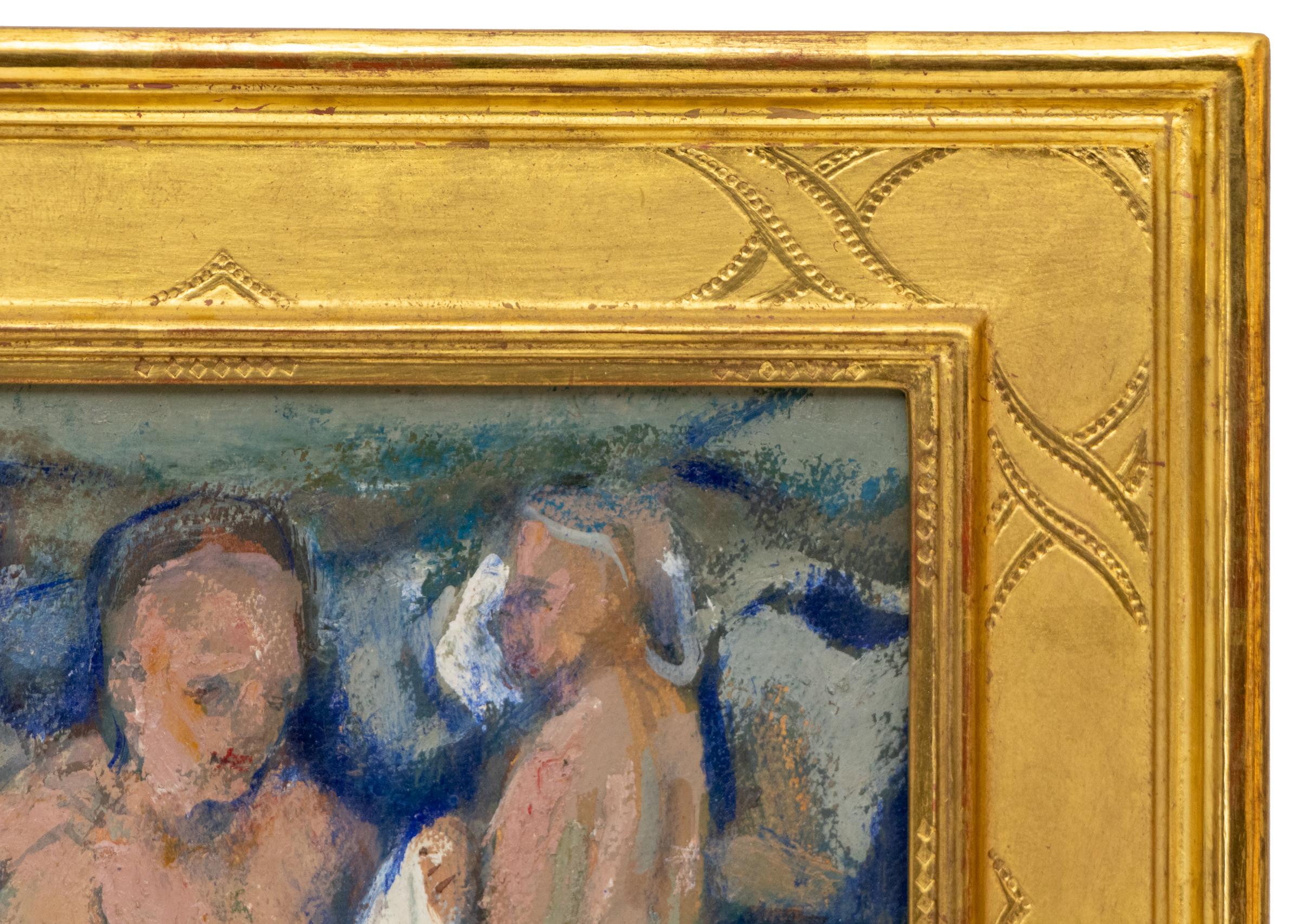 Pittura a olio impressionista degli anni '40 - Tre figure femminili che fanno il bagno, arte originale in vendita 1