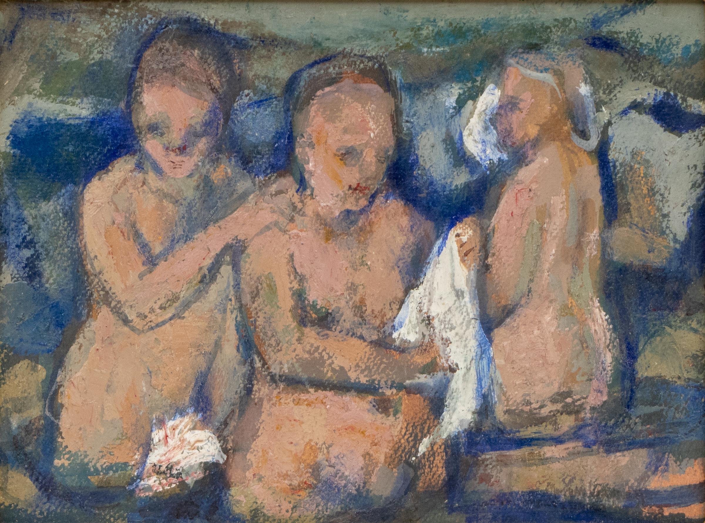 Portrait Painting di Morgan Wagner - Pittura a olio impressionista degli anni '40 - Tre figure femminili che fanno il bagno, arte originale