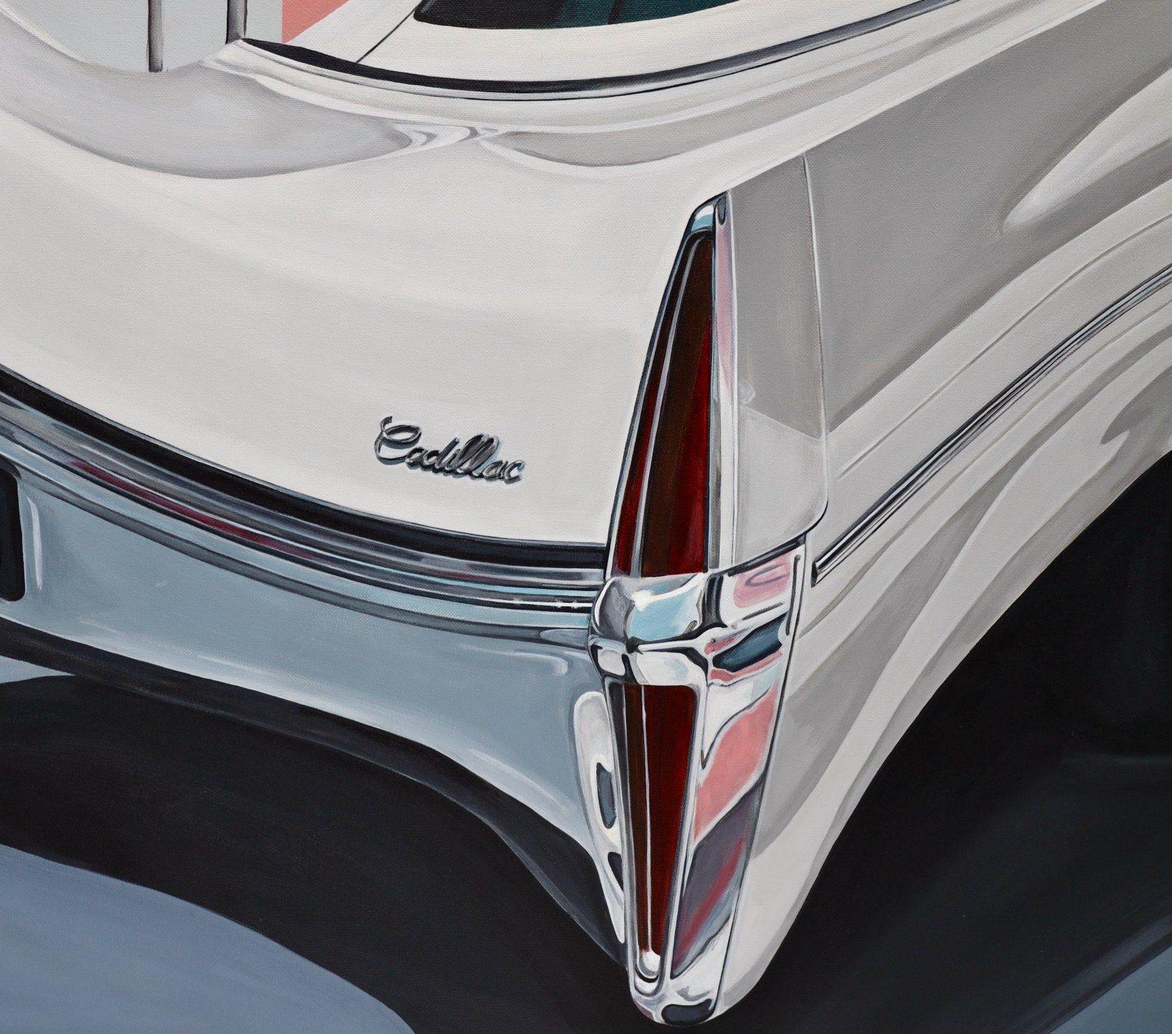 The painting “Fluid Cadi” draws inspiration from a fusion of the artist’s travel recollections and dreamscapes. Captured during a trip to California, the artist encountered this Cadillac on a quiet street just off Hollywood Blvd. In recalling the