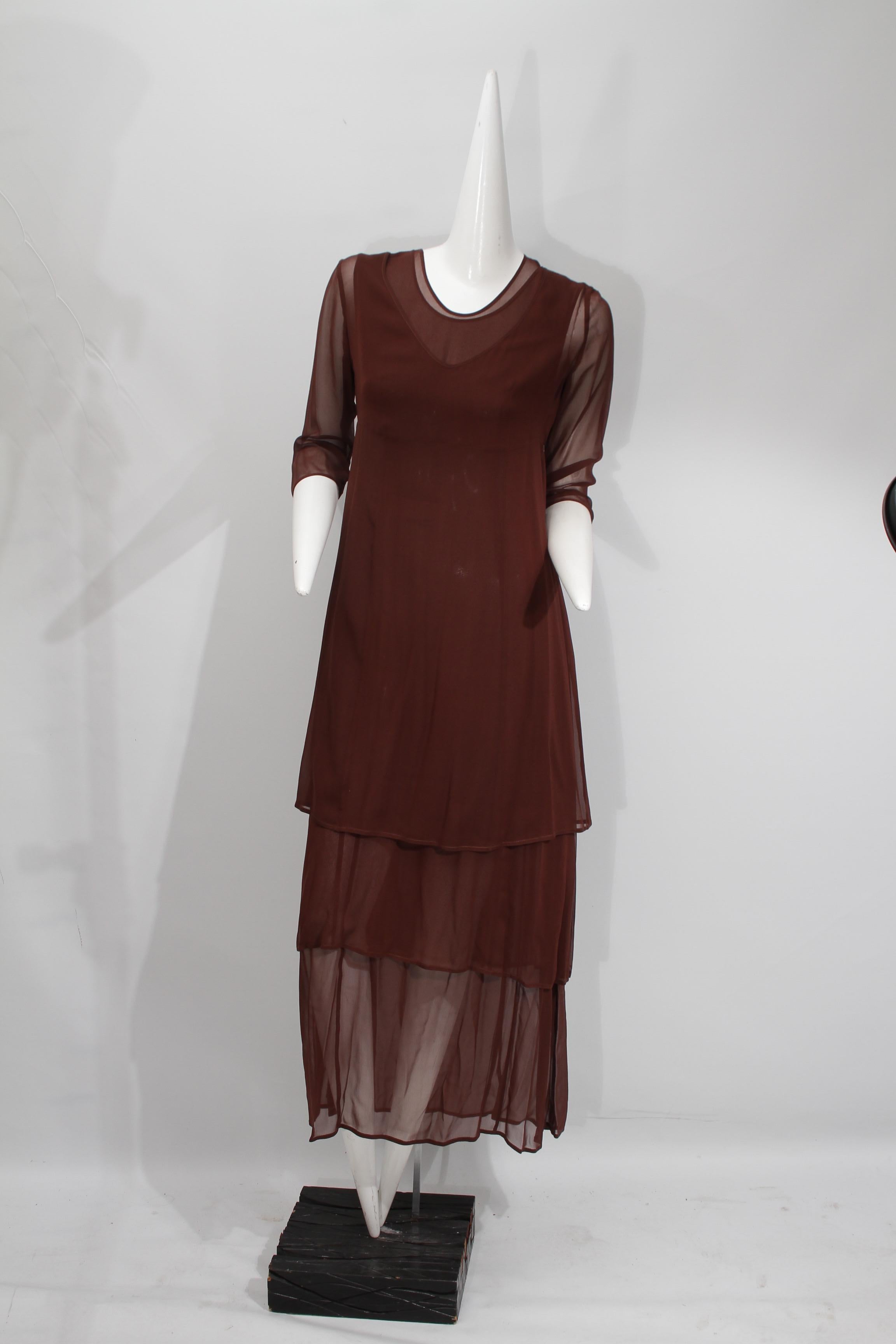 MORGANE LE FAY, Chocolate Three-Piece Sheer Tiered Silk Ensemble, 1980s For Sale 5