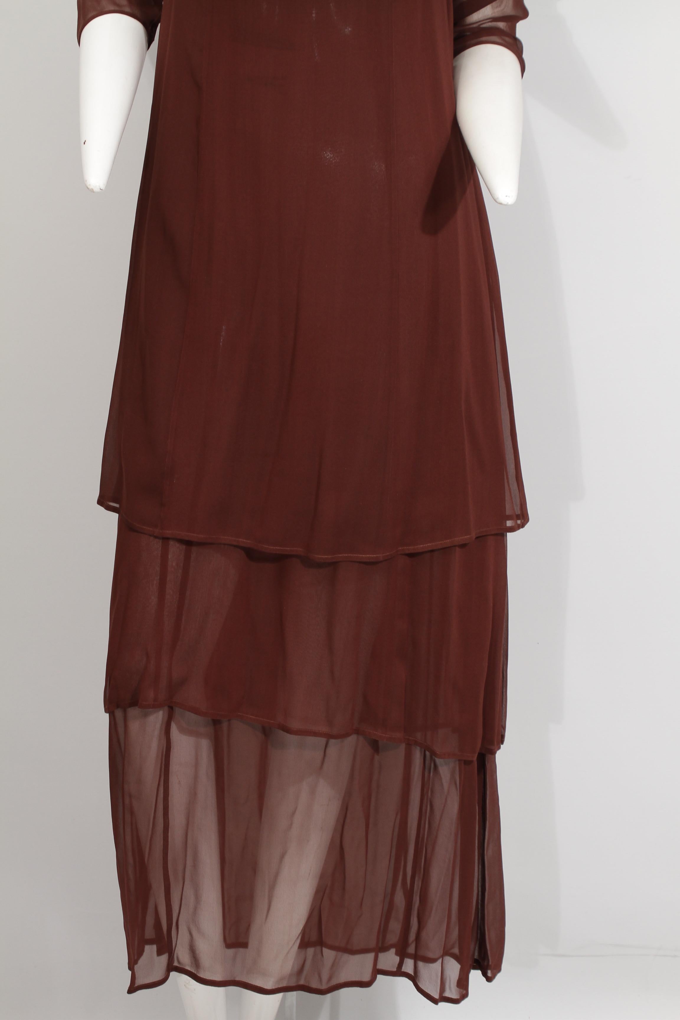 MORGANE LE FAY, Chocolate Three-Piece Sheer Tiered Silk Ensemble, 1980s For Sale 6