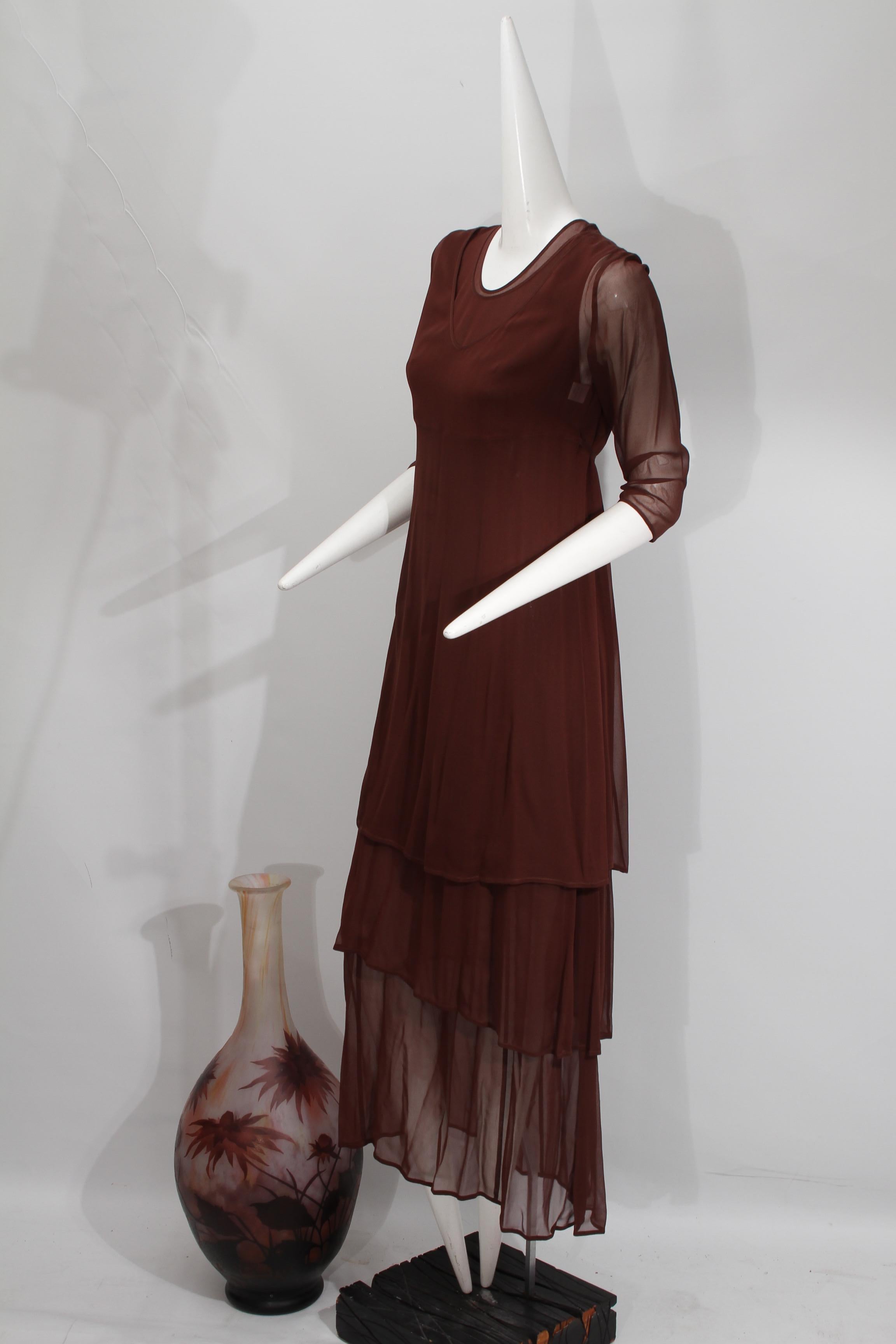 MORGANE LE FAY, Chocolate Three-Piece Sheer Tiered Silk Ensemble, 1980s For Sale 8