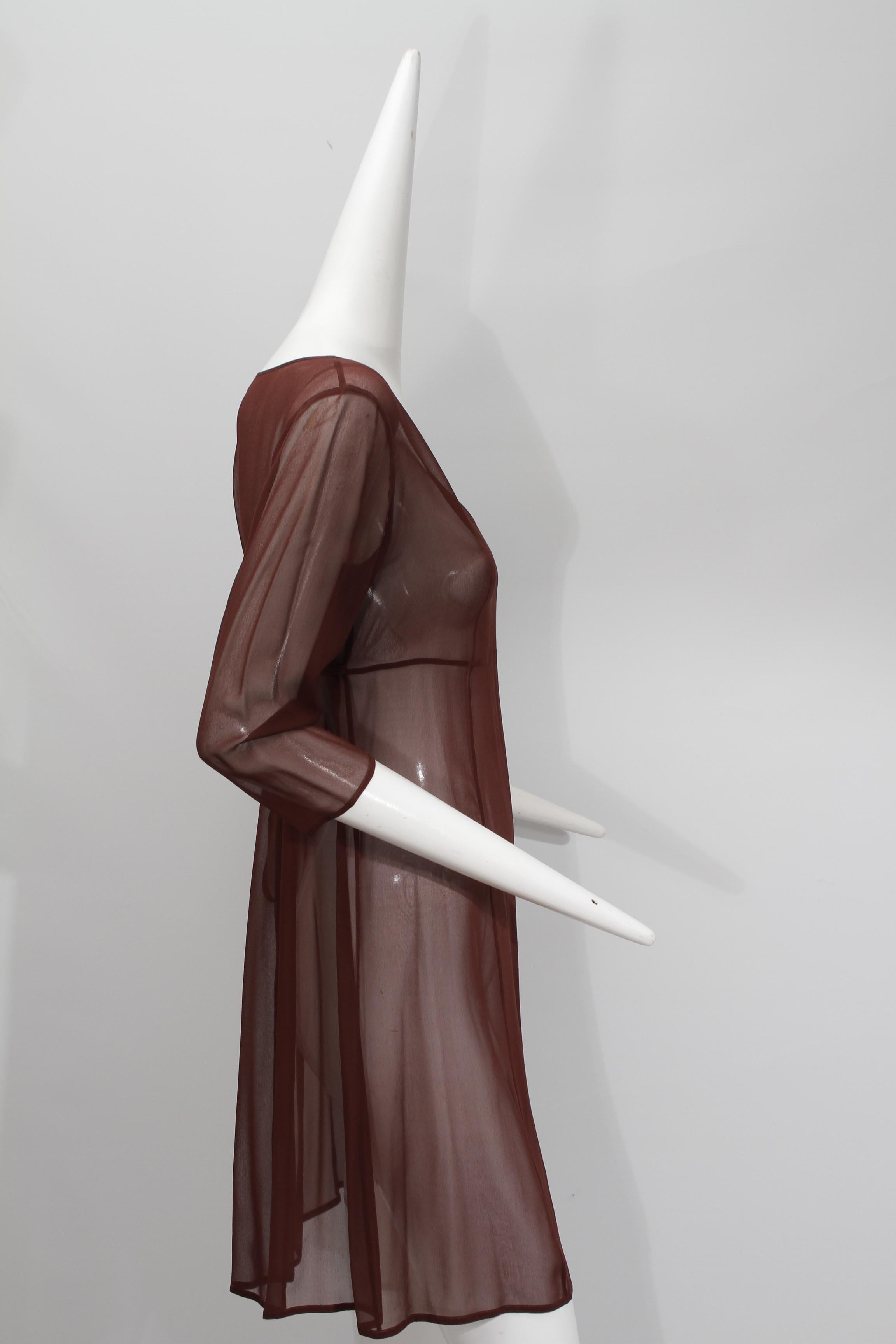 MORGANE LE FAY, Chocolate Three-Piece Sheer Tiered Silk Ensemble, 1980s In Excellent Condition For Sale In Kingston, NY