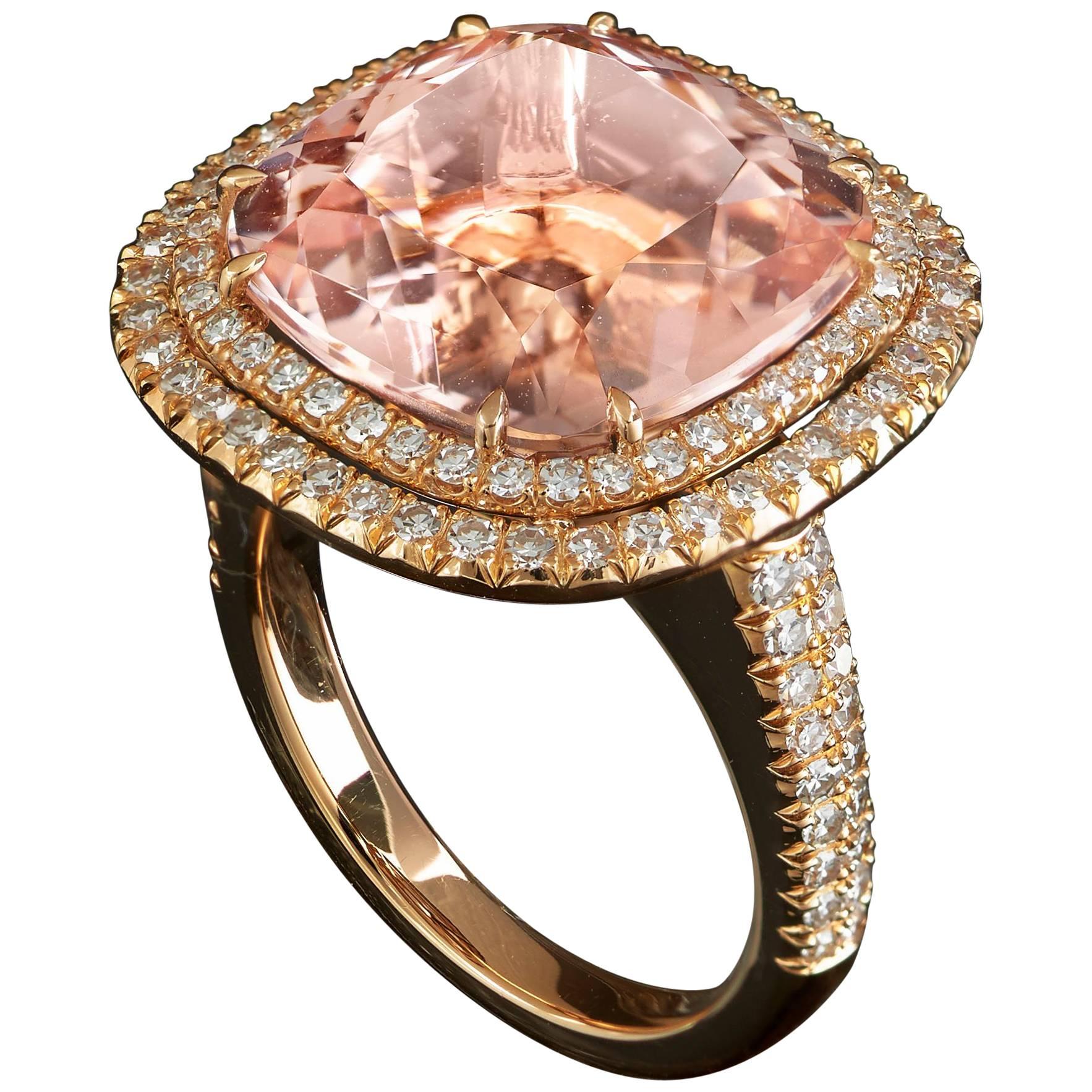 Morganite '17.71 Carat' and Double Diamond Entourage '1.10 Carat' Cocktail Ring For Sale
