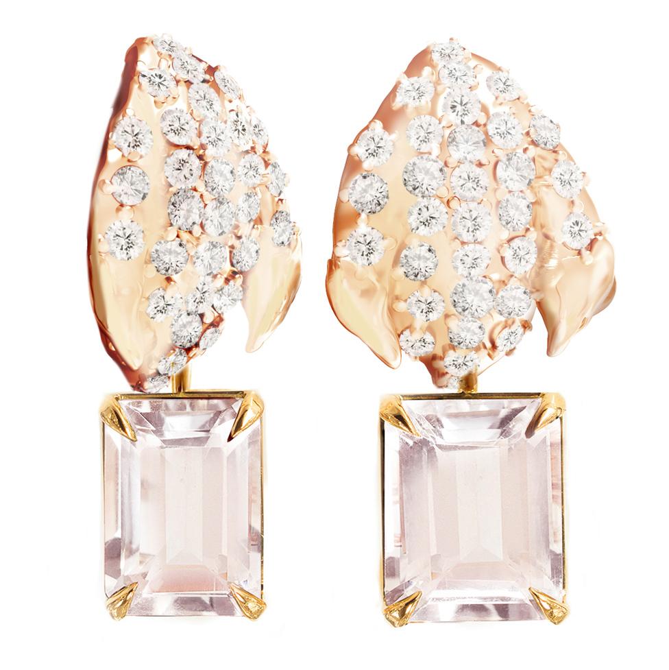 Contemporain Boucles d'oreilles or rose Morganite Contemporary Floral avec soixante diamants en vente
