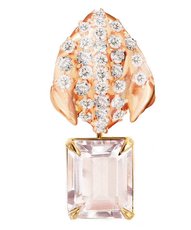 Taille octogone Boucles d'oreilles or rose Morganite Contemporary Floral avec soixante diamants en vente