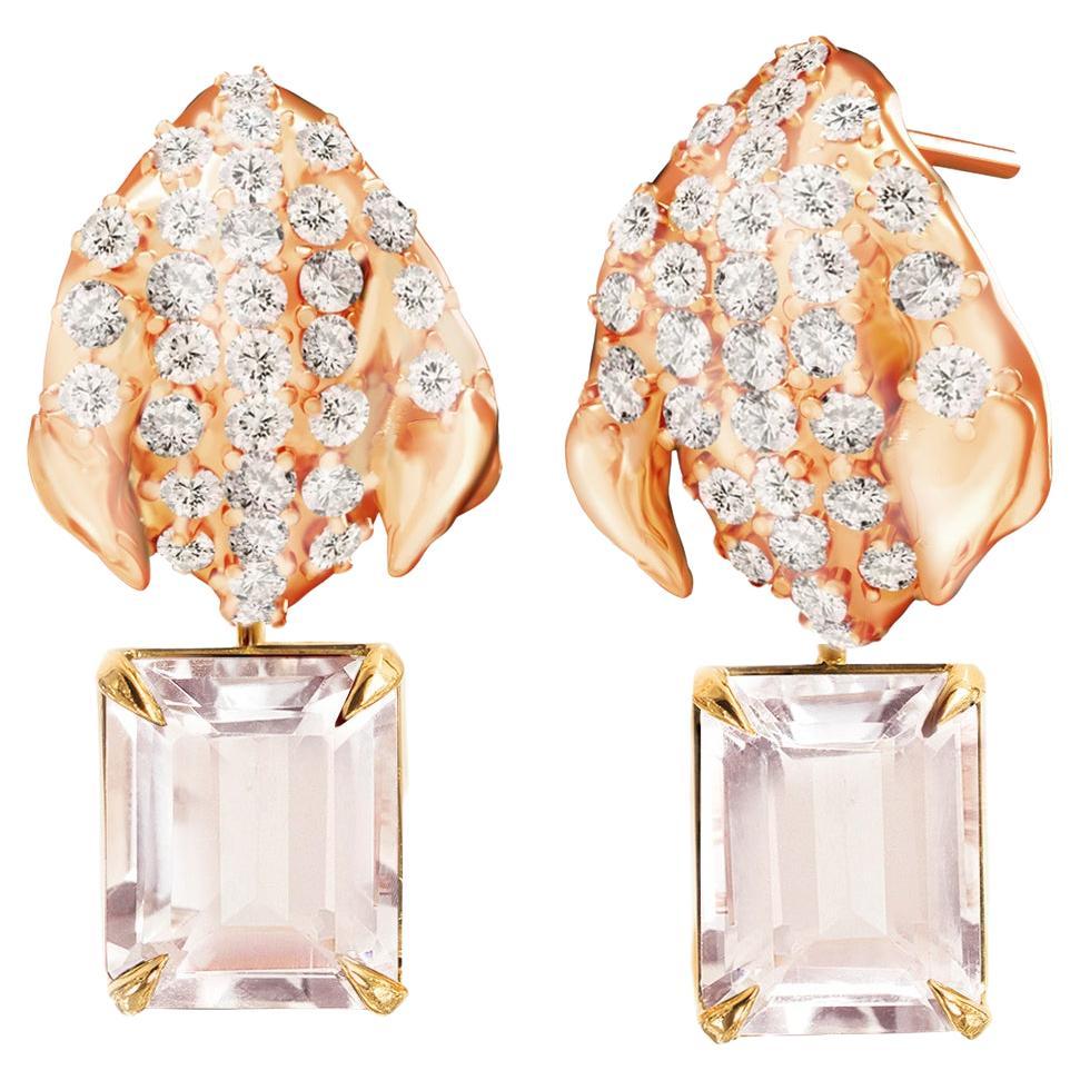 Morganite Rose Gold Contemporary Floral Stud Earrings with Sixty Diamonds